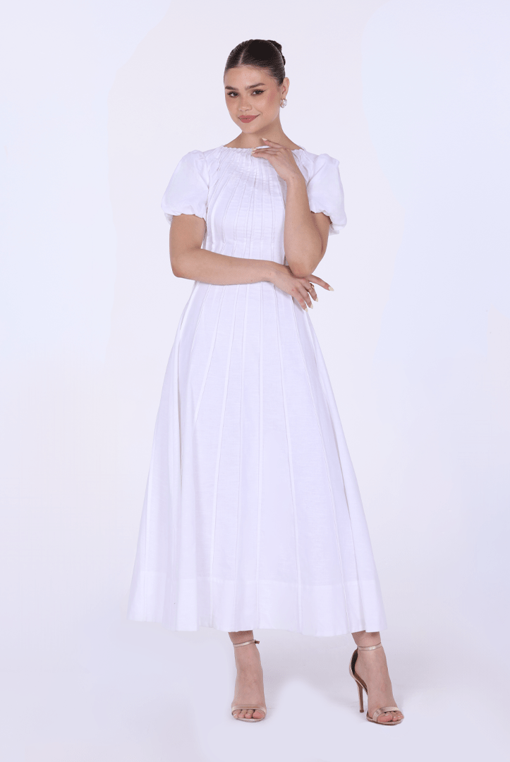 Pleated Linen Maxi Dress with Puff Short Sleeves - shopaleena