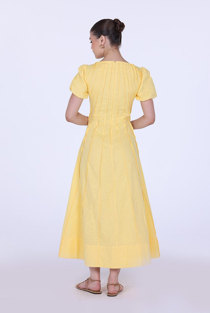 Pleated Linen Maxi Dress with Puff Short Sleeves - shopaleena