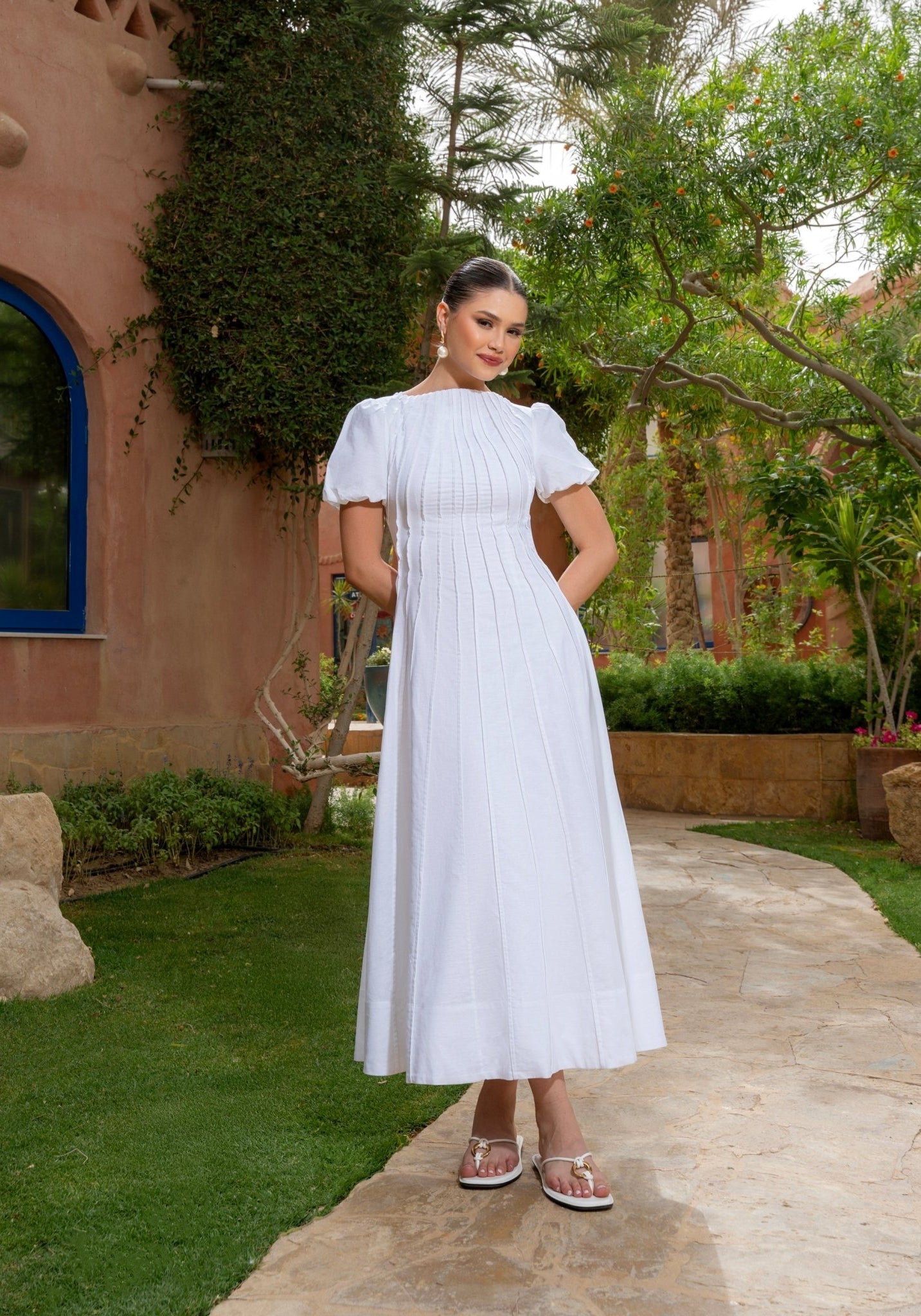 Pleated Linen Maxi Dress with Puff Short Sleeves - shopaleena