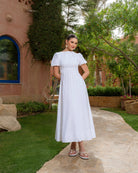 Pleated Linen Maxi Dress with Puff Short Sleeves - shopaleena
