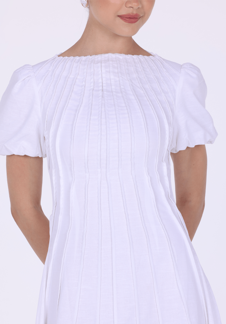 Pleated Linen Maxi Dress with Puff Short Sleeves - shopaleena