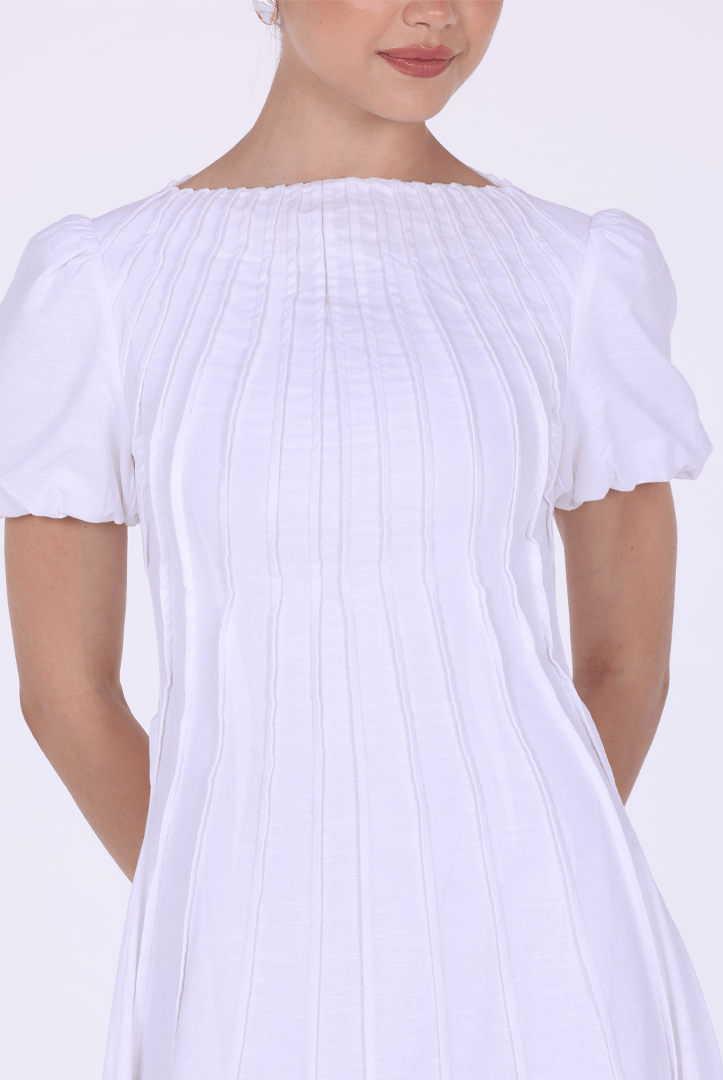 Pleated Linen Maxi Dress with Puff Short Sleeves - shopaleena