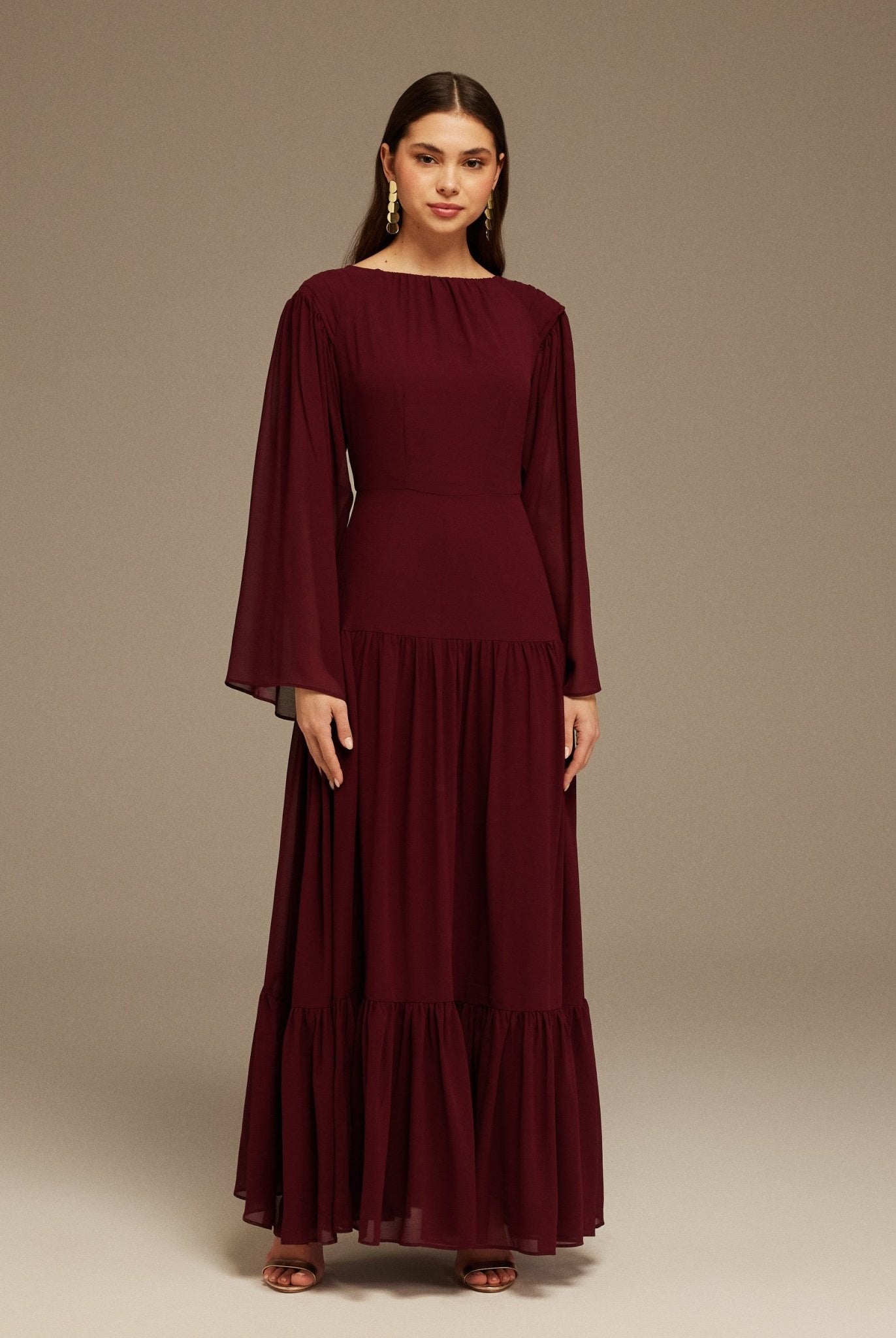 Pleated Long Sleeve Chiffon Maxi Dress - shopaleena