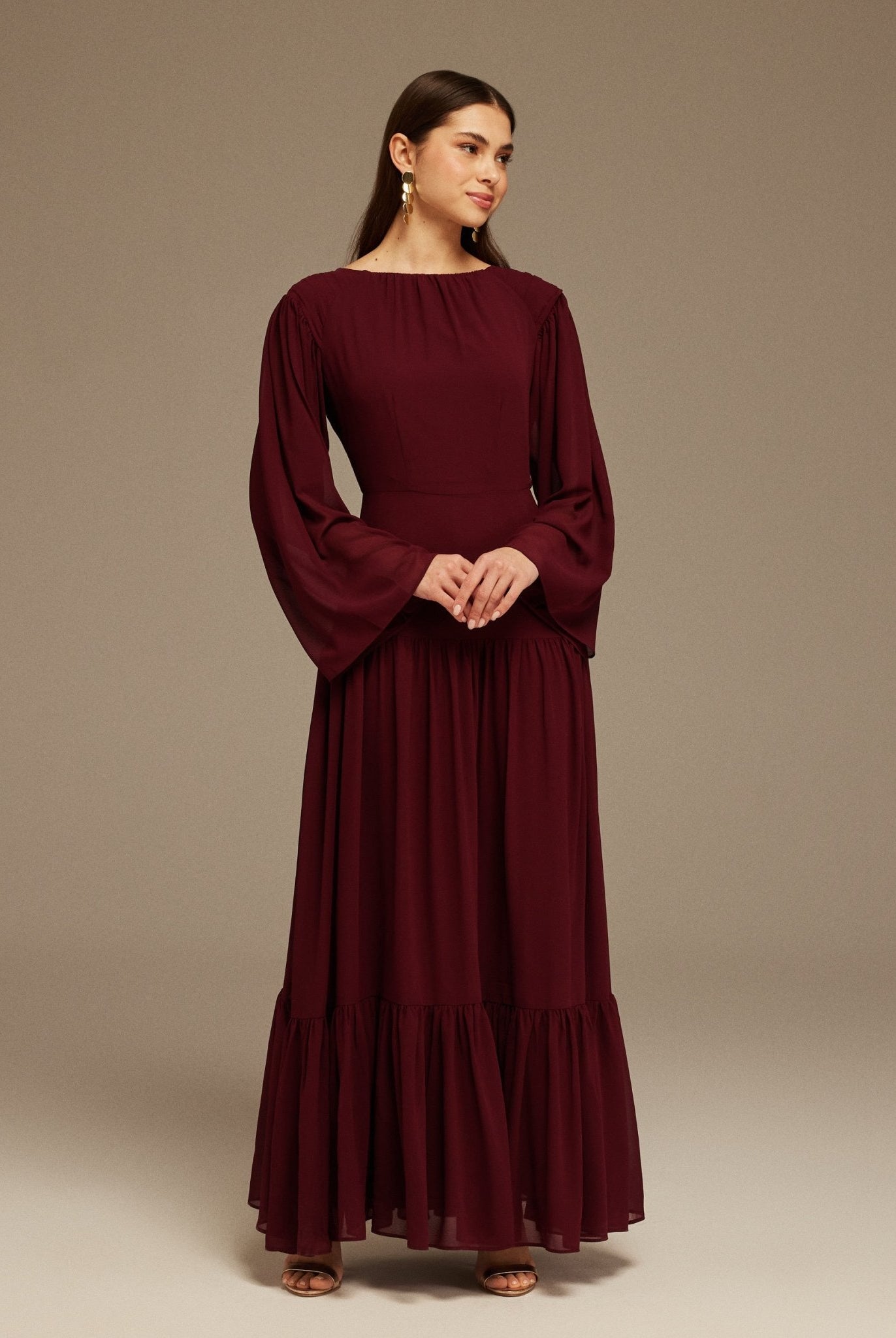 Pleated Long Sleeve Chiffon Maxi Dress - shopaleena