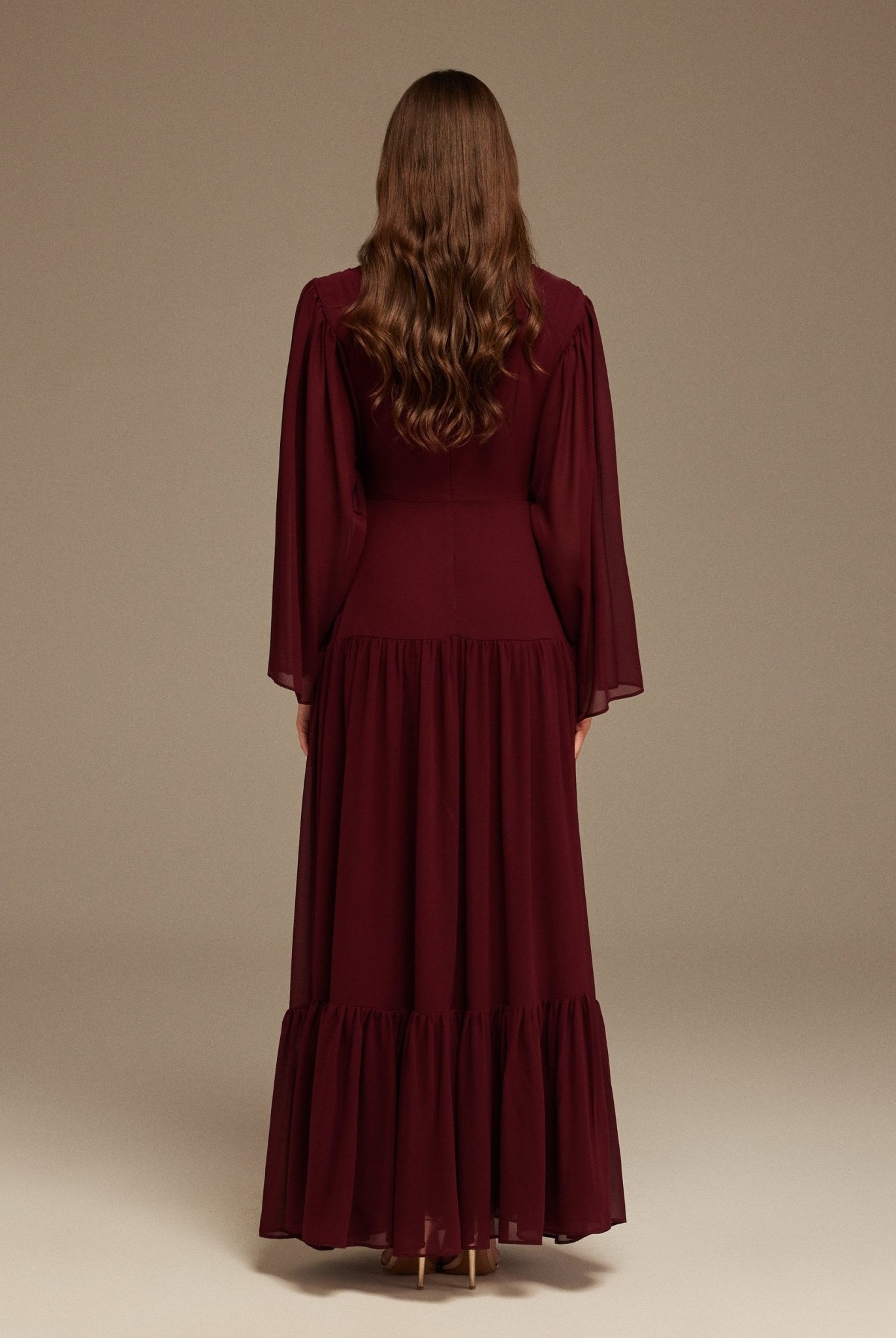Pleated Long Sleeve Chiffon Maxi Dress - shopaleena