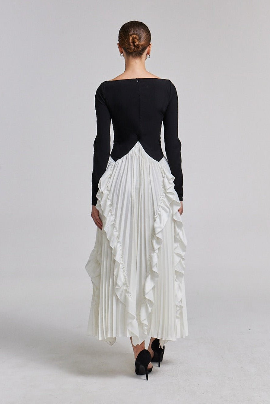 Pleated Skirt Crepe Maxi Dress - shopaleena