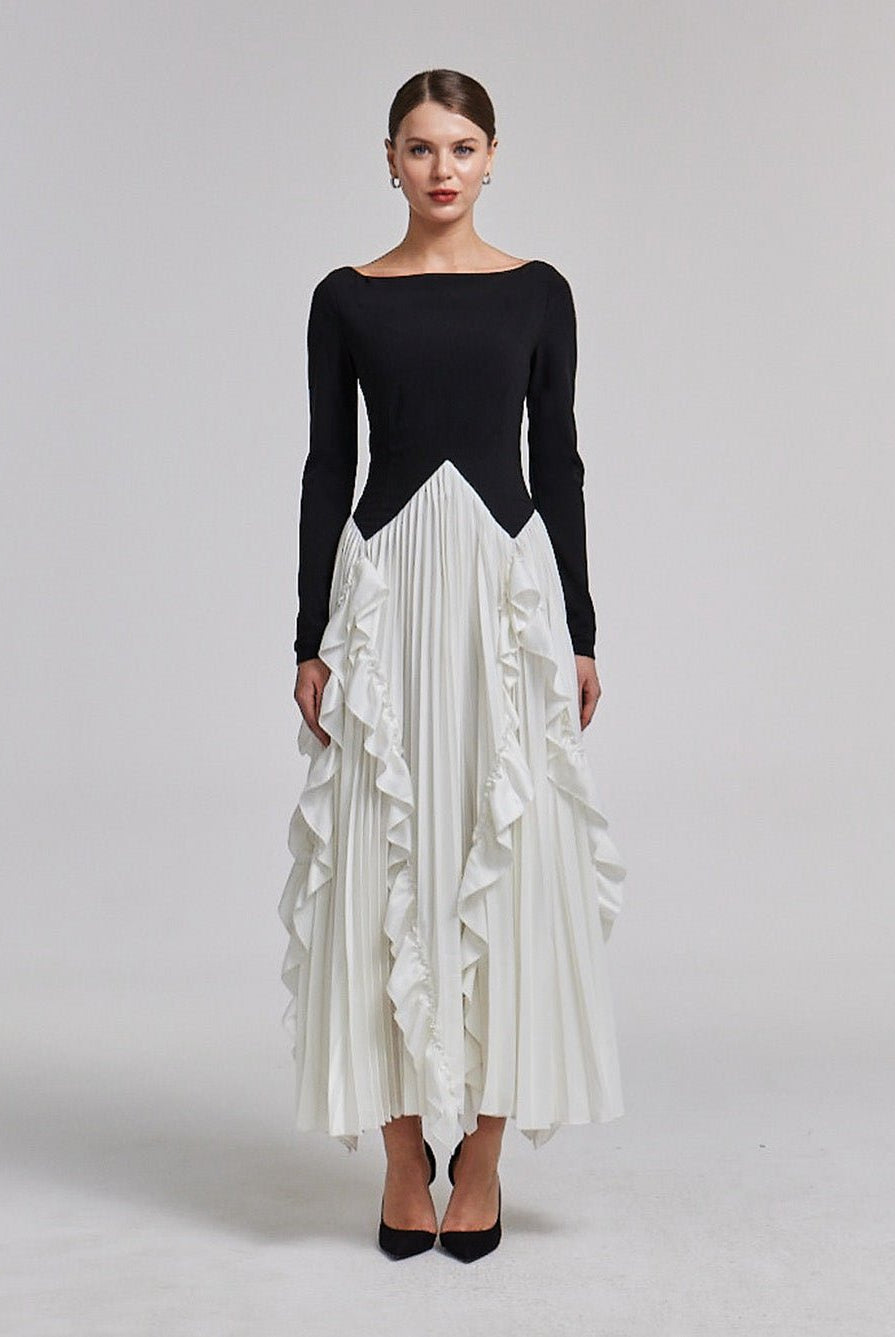 Pleated Skirt Crepe Maxi Dress - shopaleena