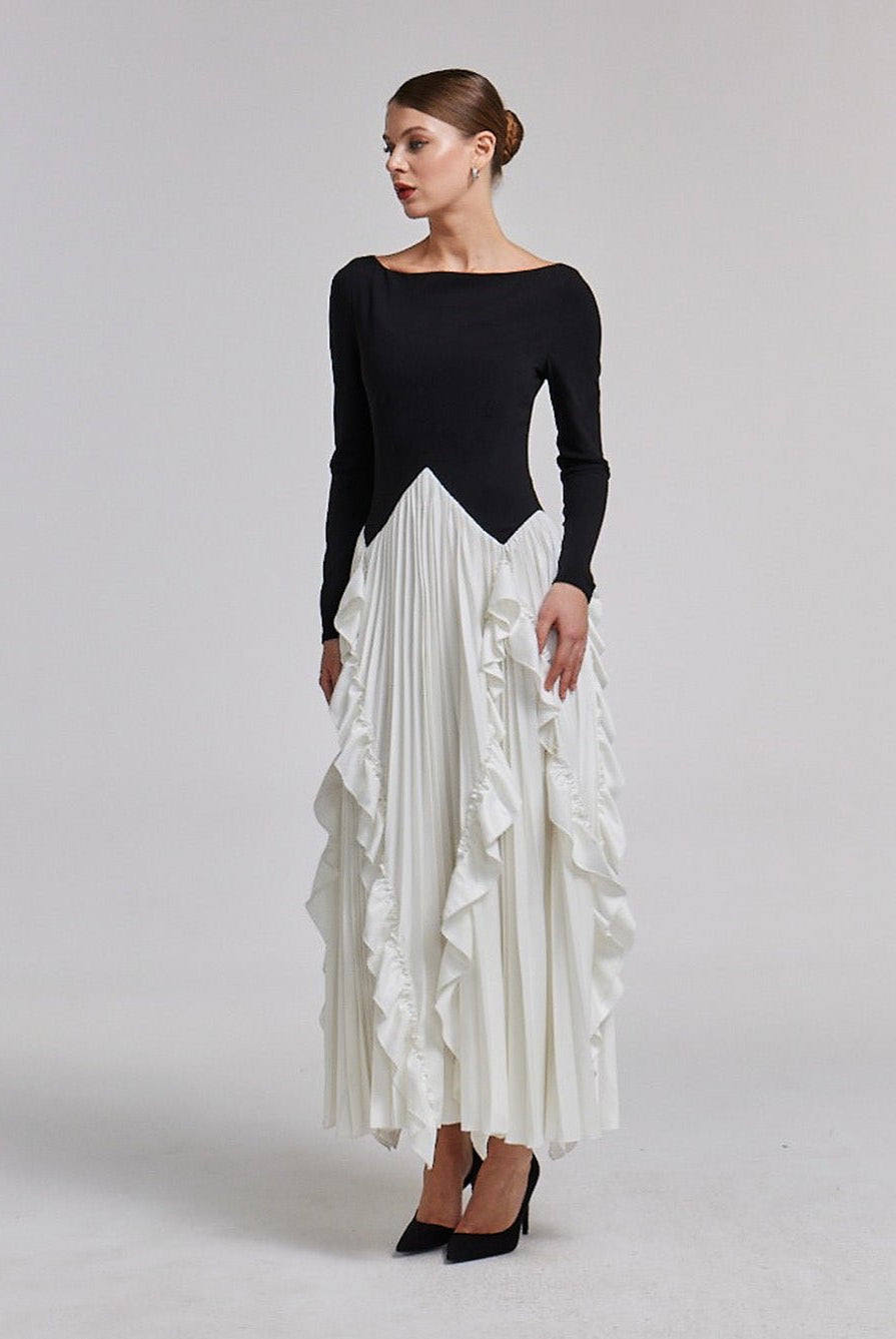 Pleated Skirt Crepe Maxi Dress - shopaleena