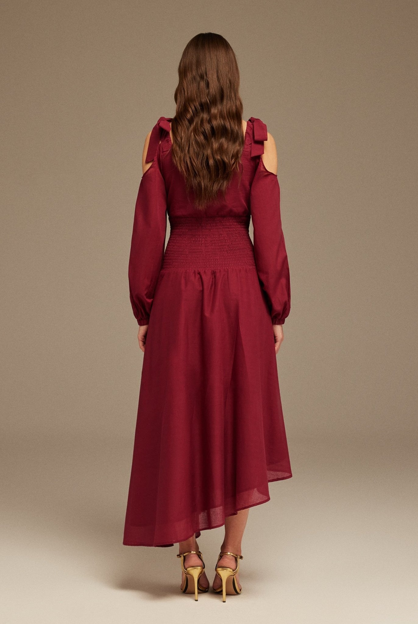 Plum Balloon Long Sleeve With Ruched Waist Midi Dress - shopaleena