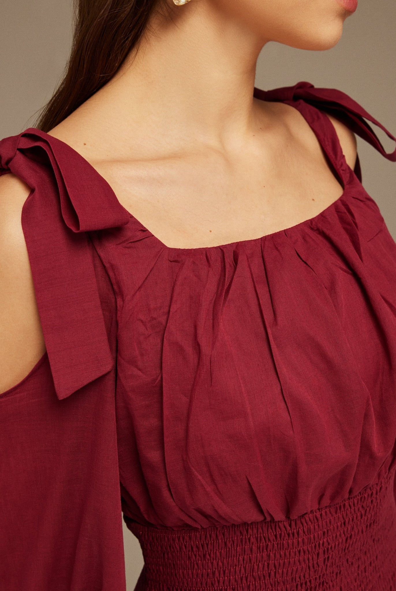 Plum Balloon Long Sleeve With Ruched Waist Midi Dress - shopaleena