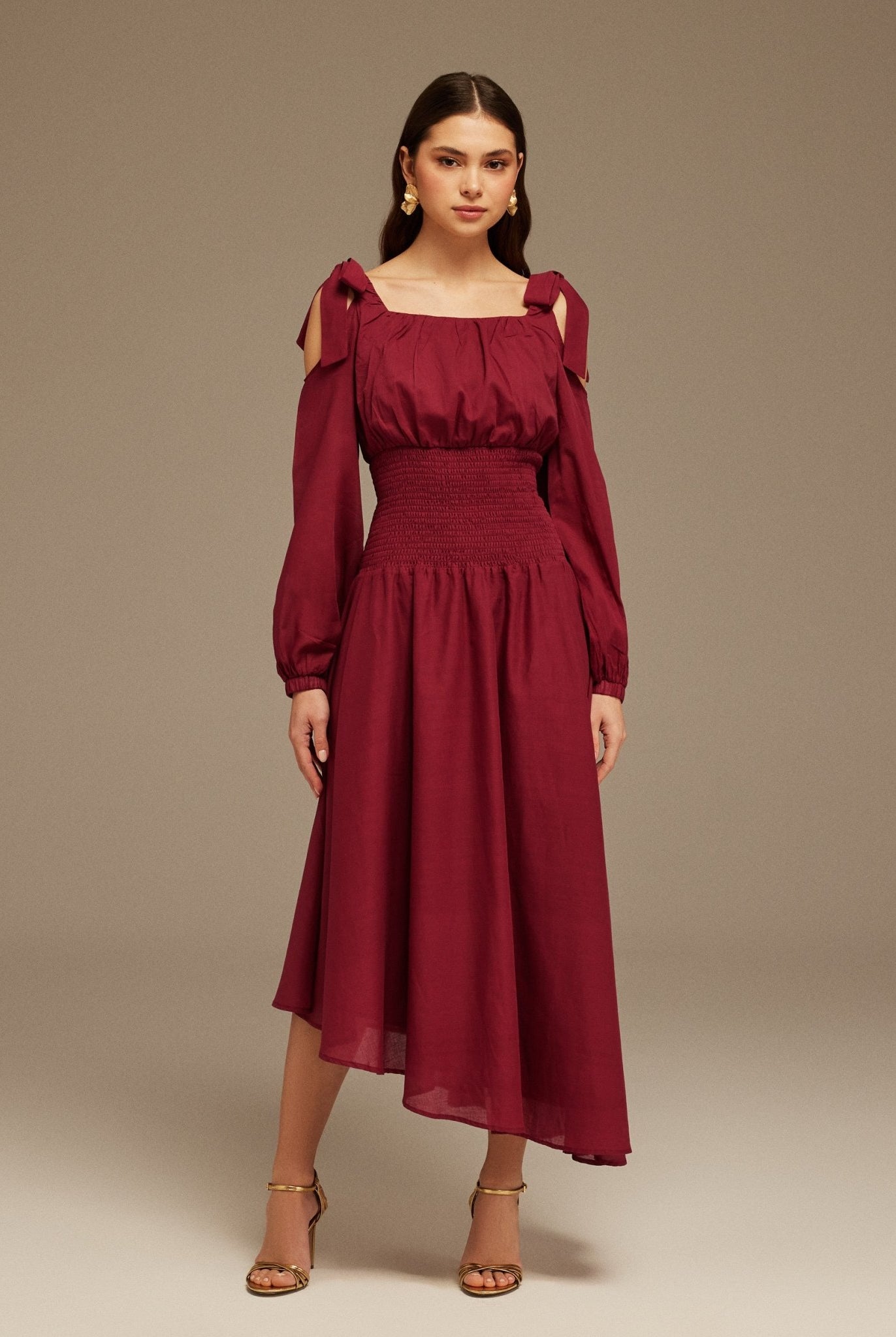 Plum Balloon Long Sleeve With Ruched Waist Midi Dress - shopaleena