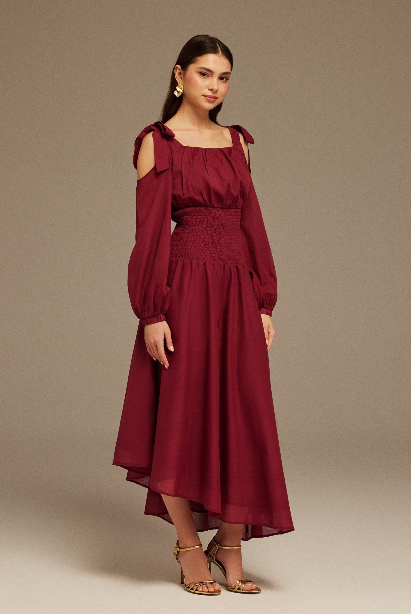 Plum Balloon Long Sleeve With Ruched Waist Midi Dress - shopaleena