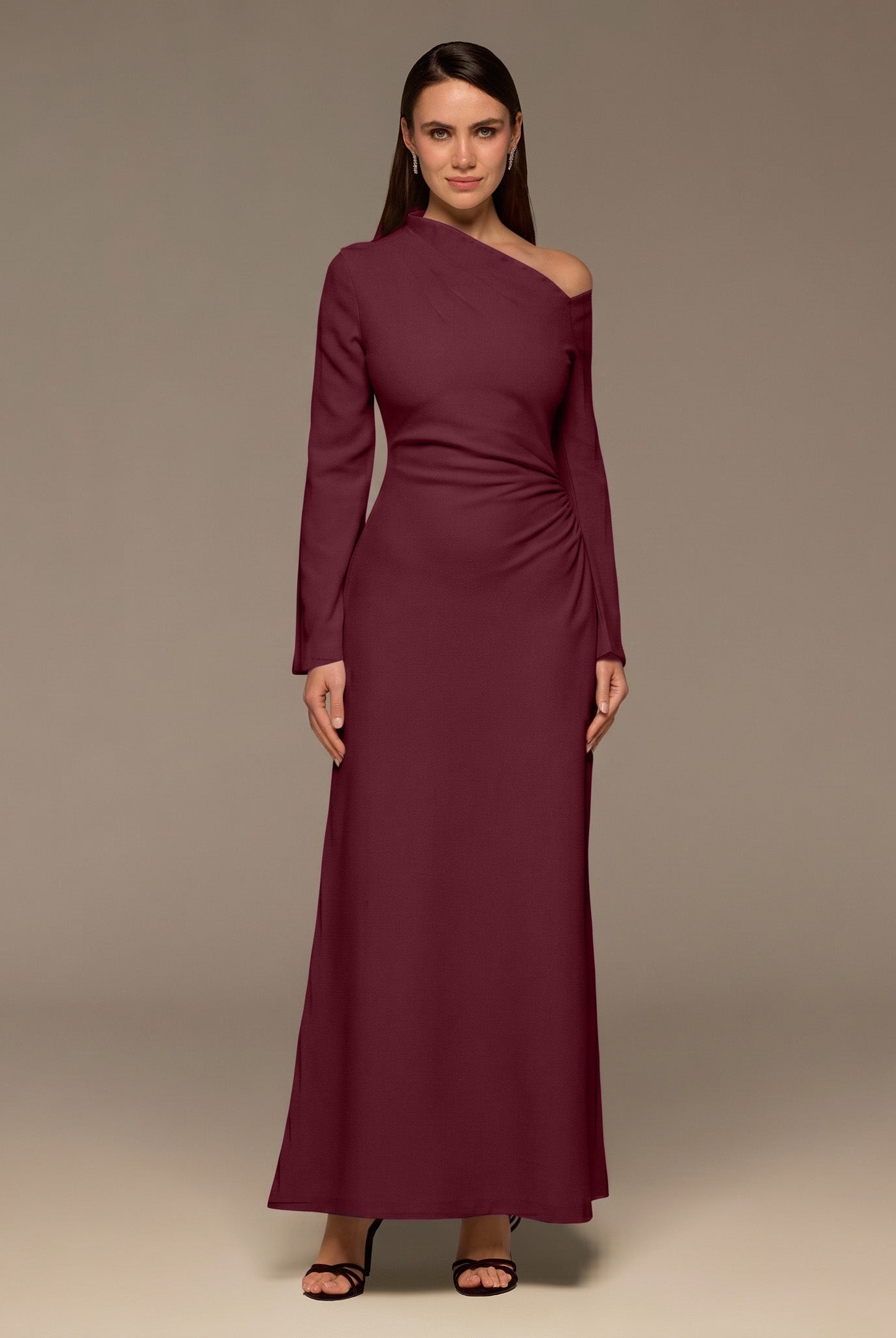 Plum Bare shoulder Crepe Maxi Dress - shopaleena