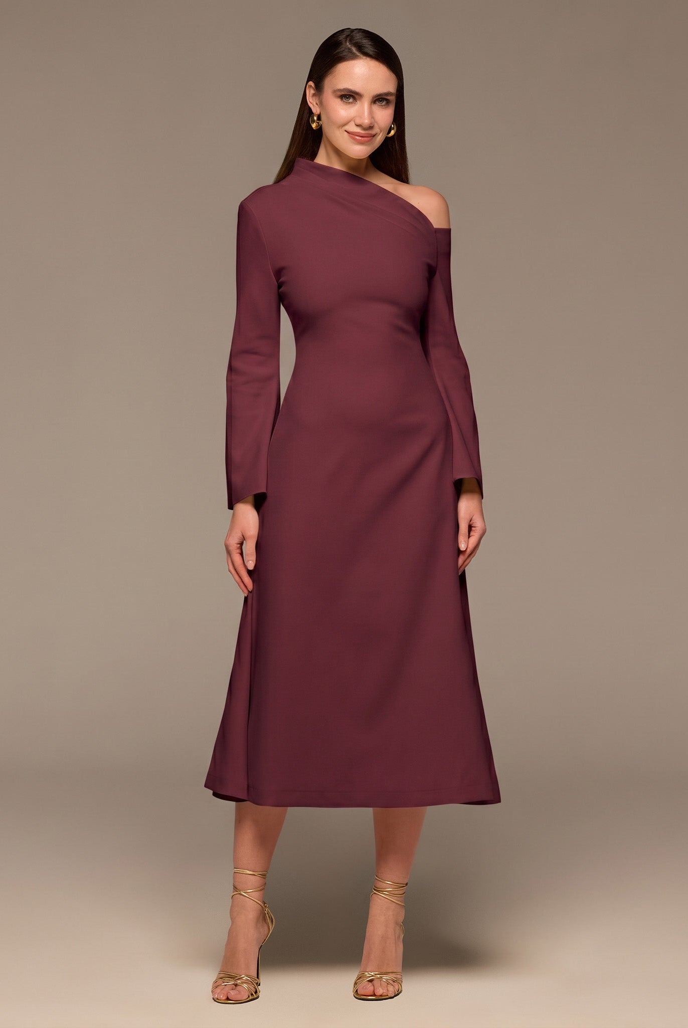 Plum Bare Shoulder Crepe Midi Dress - shopaleena