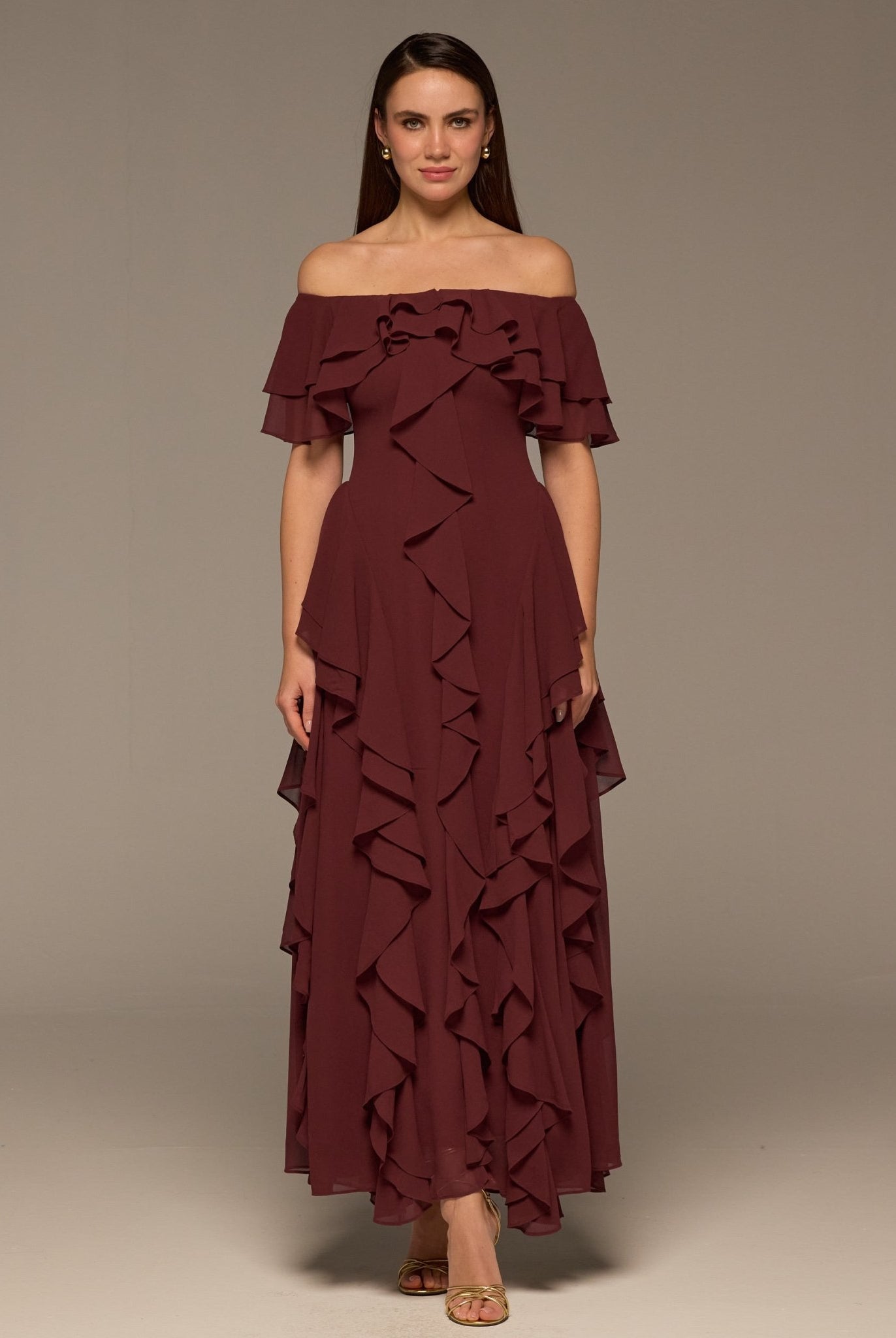 Plum Chiffon Off Shoulder Maxi Dress With Ruffles - shopaleena