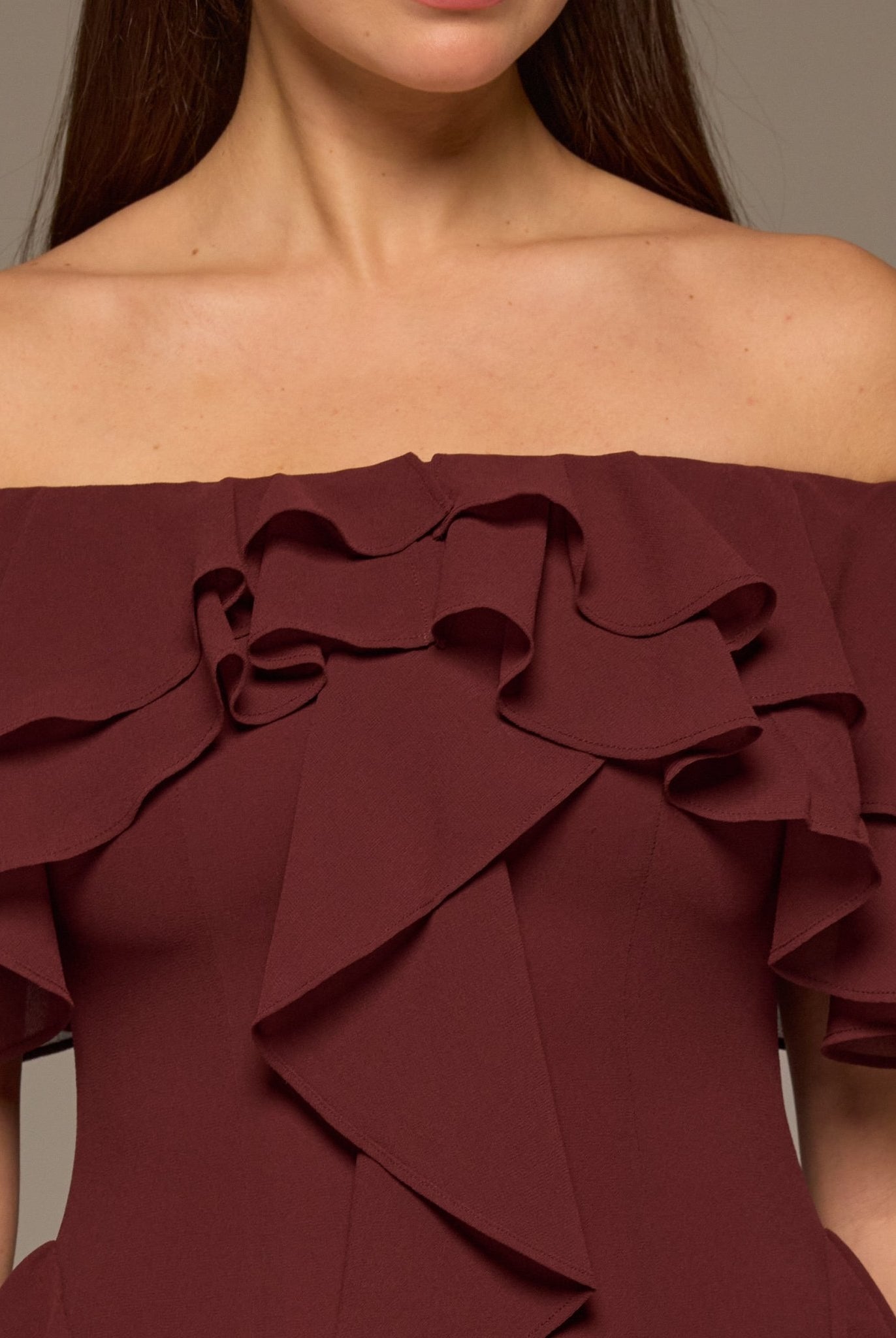 Plum Chiffon Off Shoulder Maxi Dress With Ruffles - shopaleena