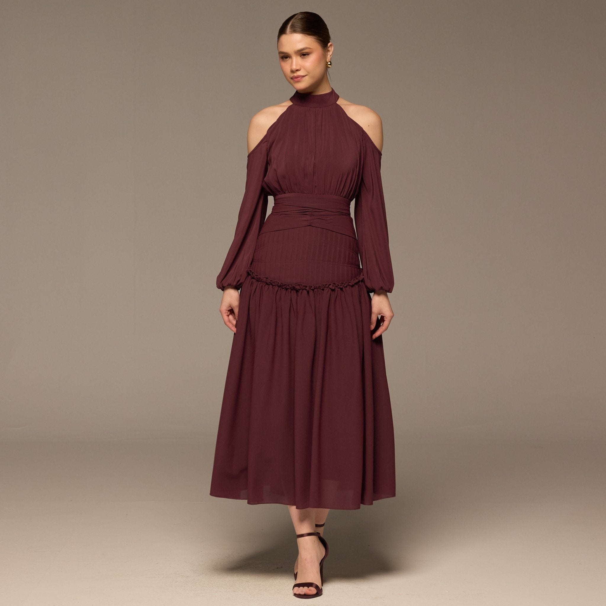 Plum Cold Shoulder Chiffon Dress - shopaleena