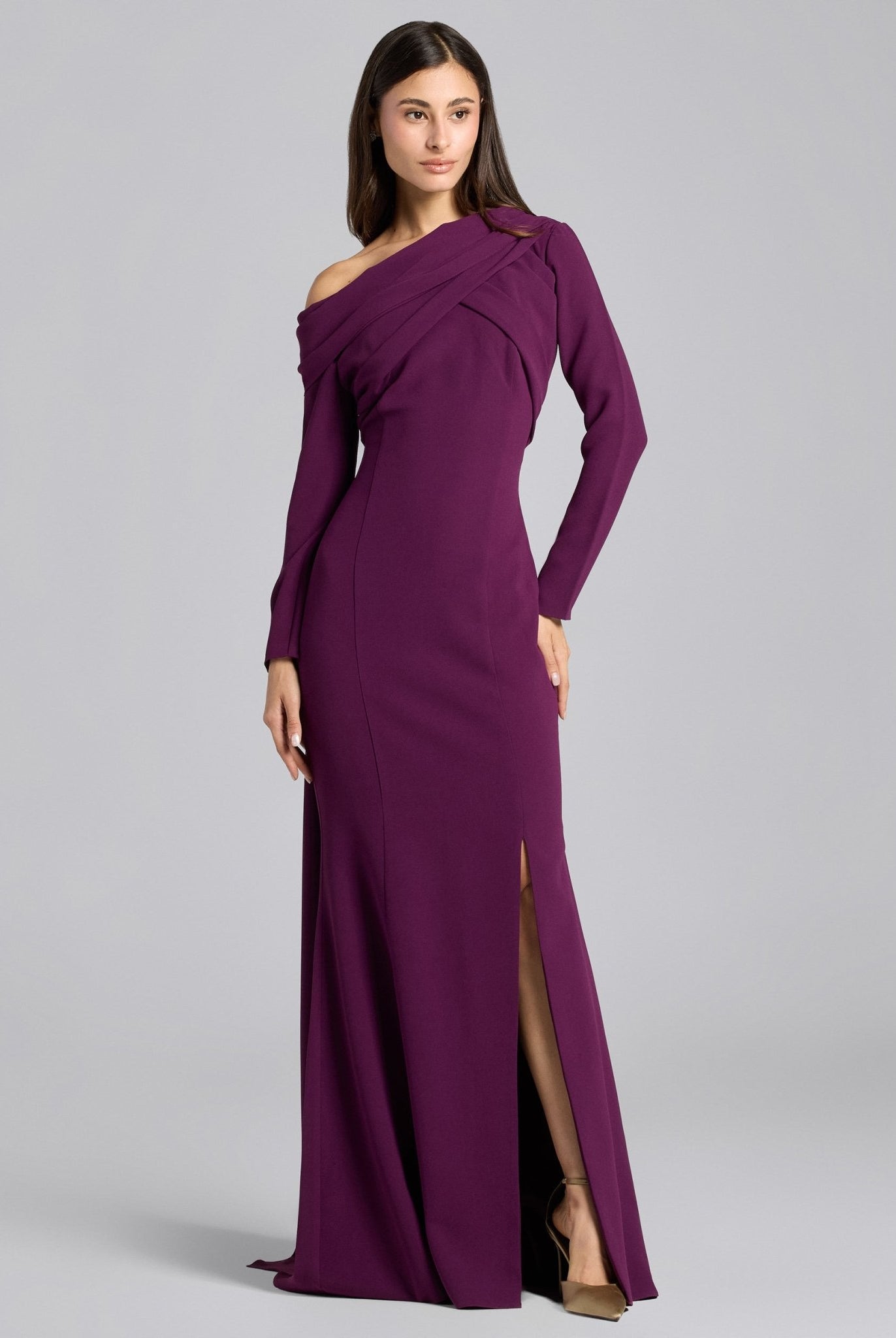 Plum Crepe Draped Mermaid Gown - shopaleena