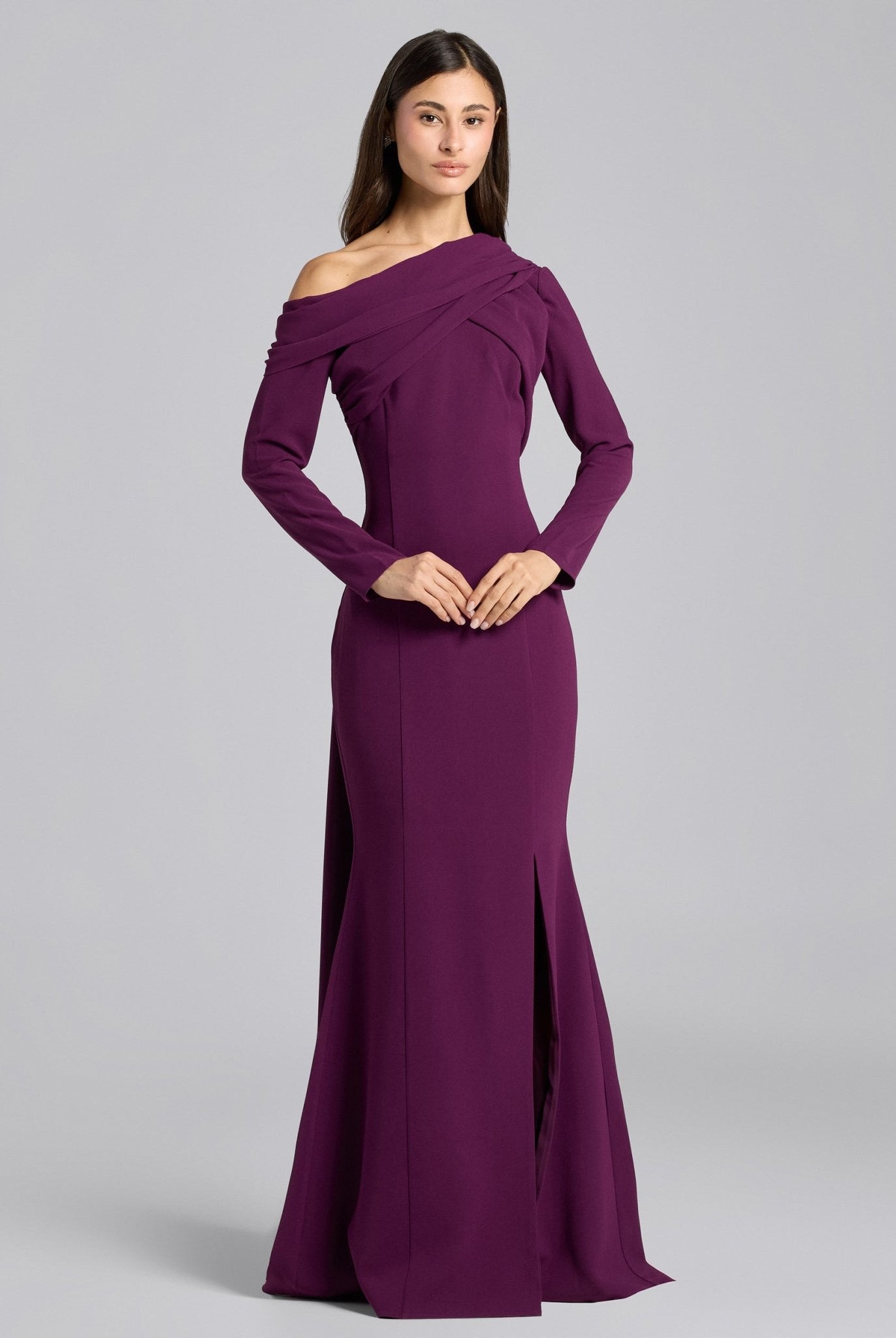 Plum Crepe Draped Mermaid Gown - shopaleena
