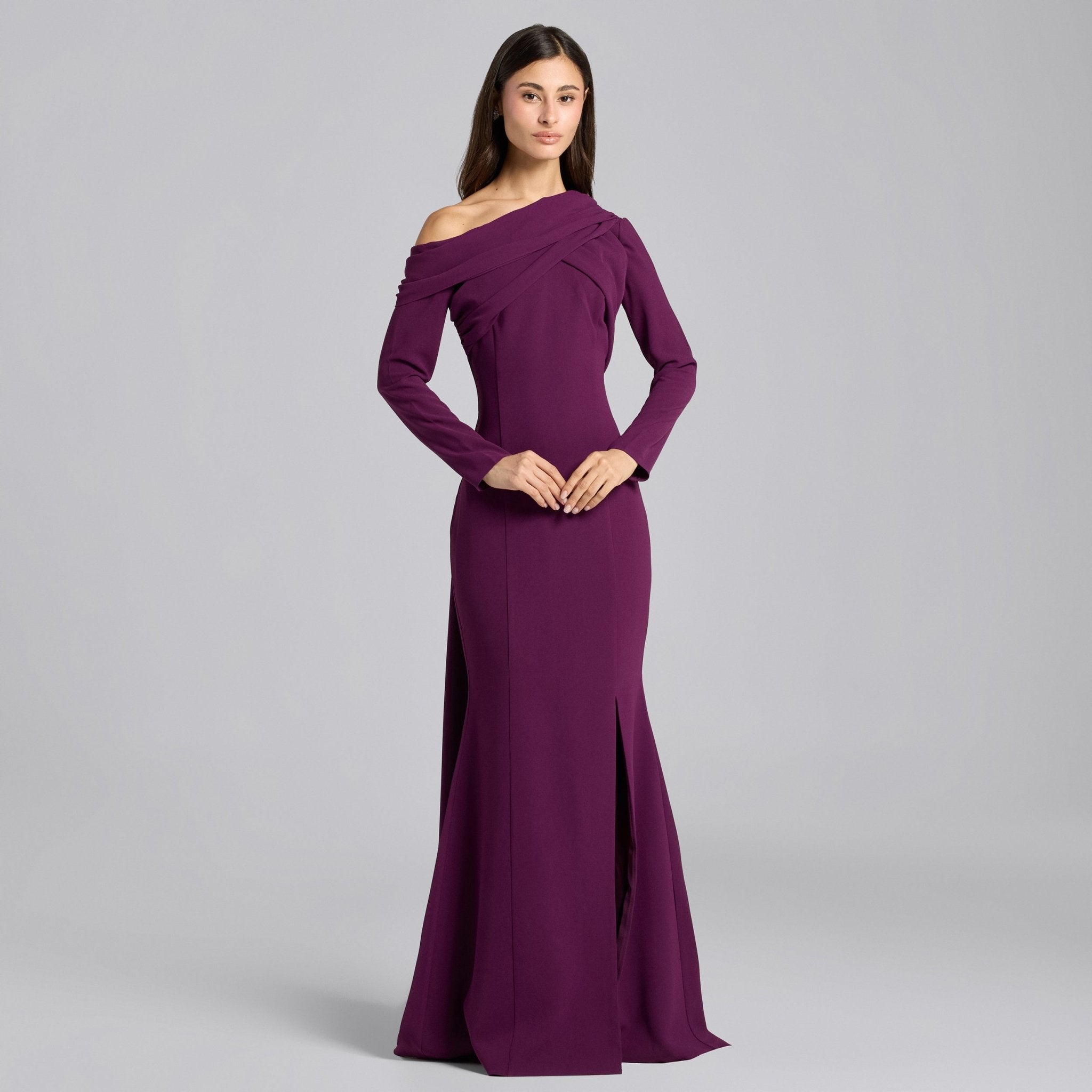 Plum Crepe Draped Mermaid Gown - shopaleena