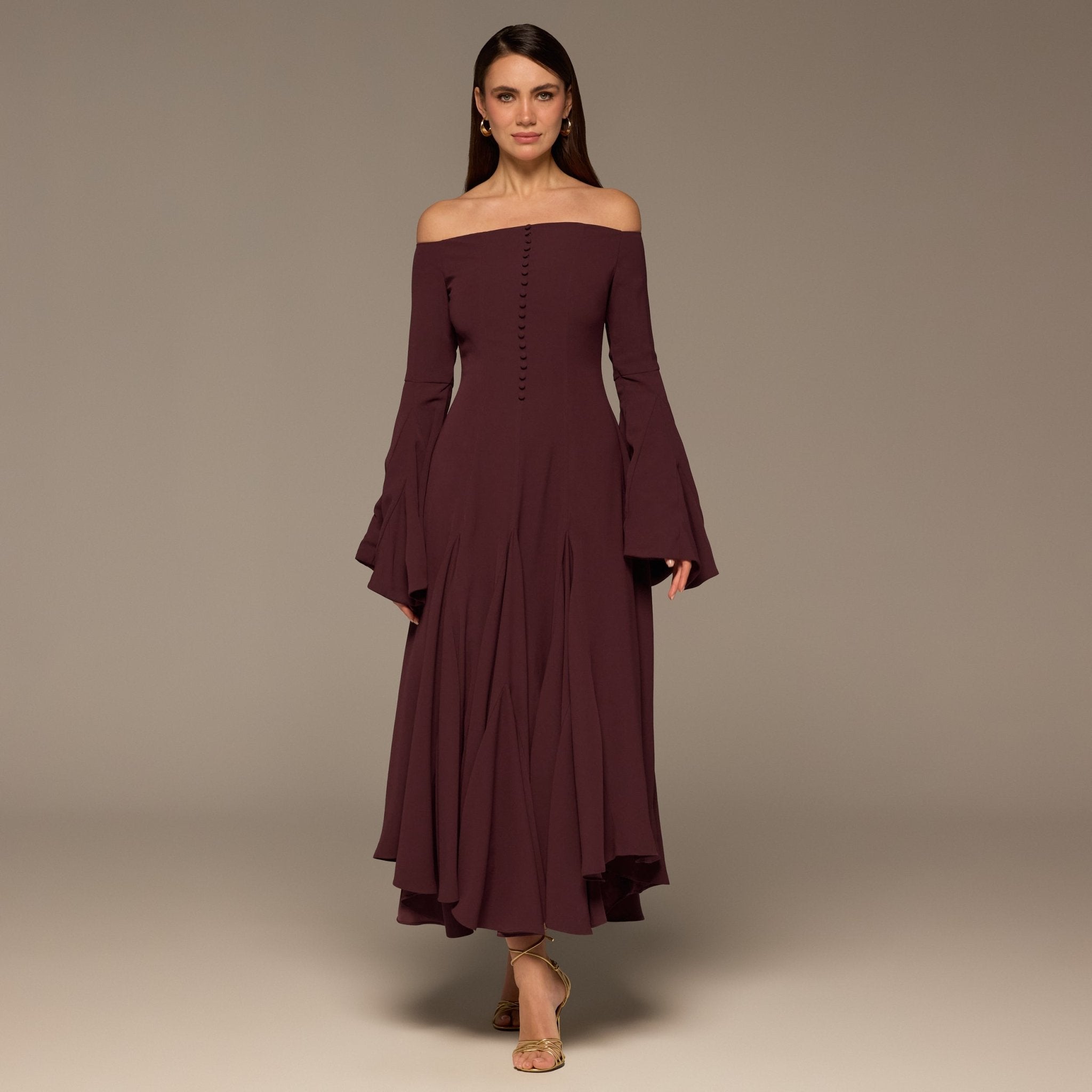 Plum Crepe Off Shoulder A - line Midi Dress - shopaleena