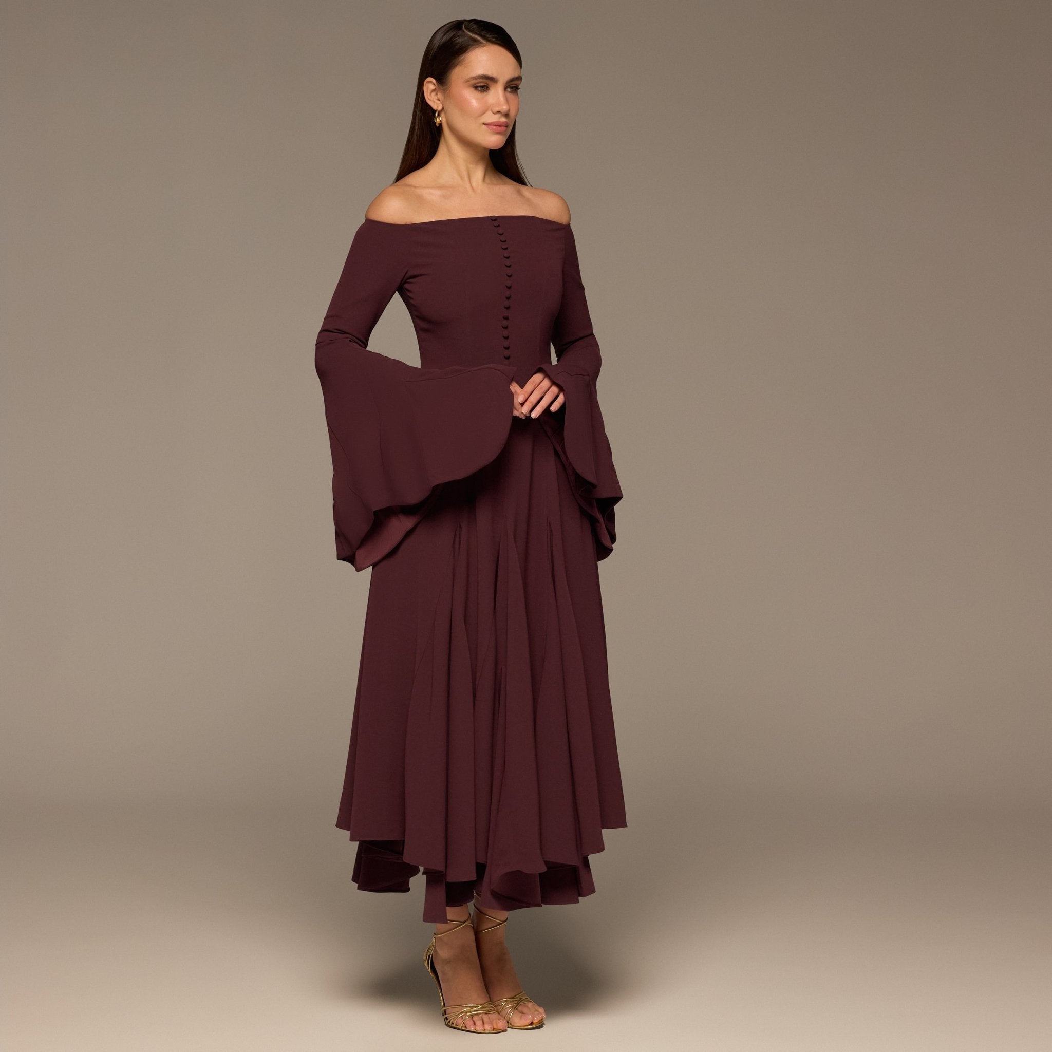 Plum Crepe Off Shoulder A - line Midi Dress - shopaleena