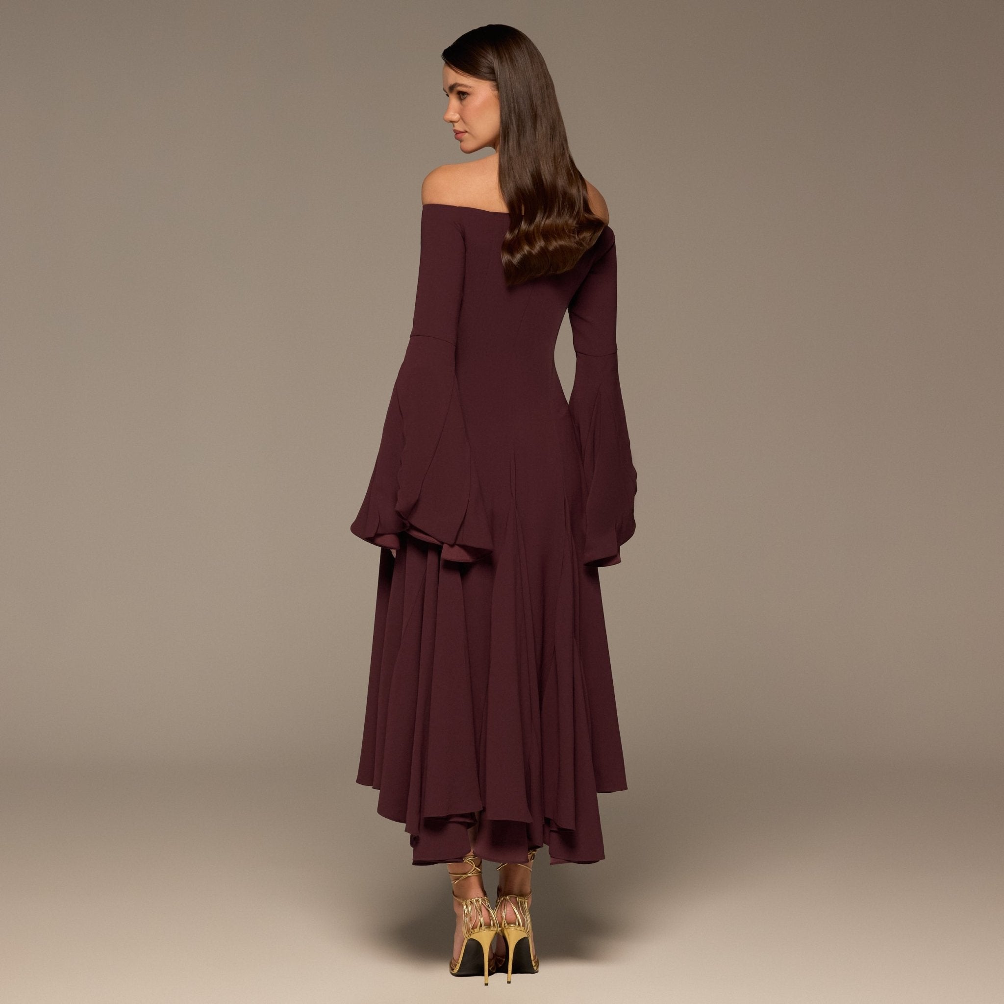 Plum Crepe Off Shoulder A - line Midi Dress - shopaleena