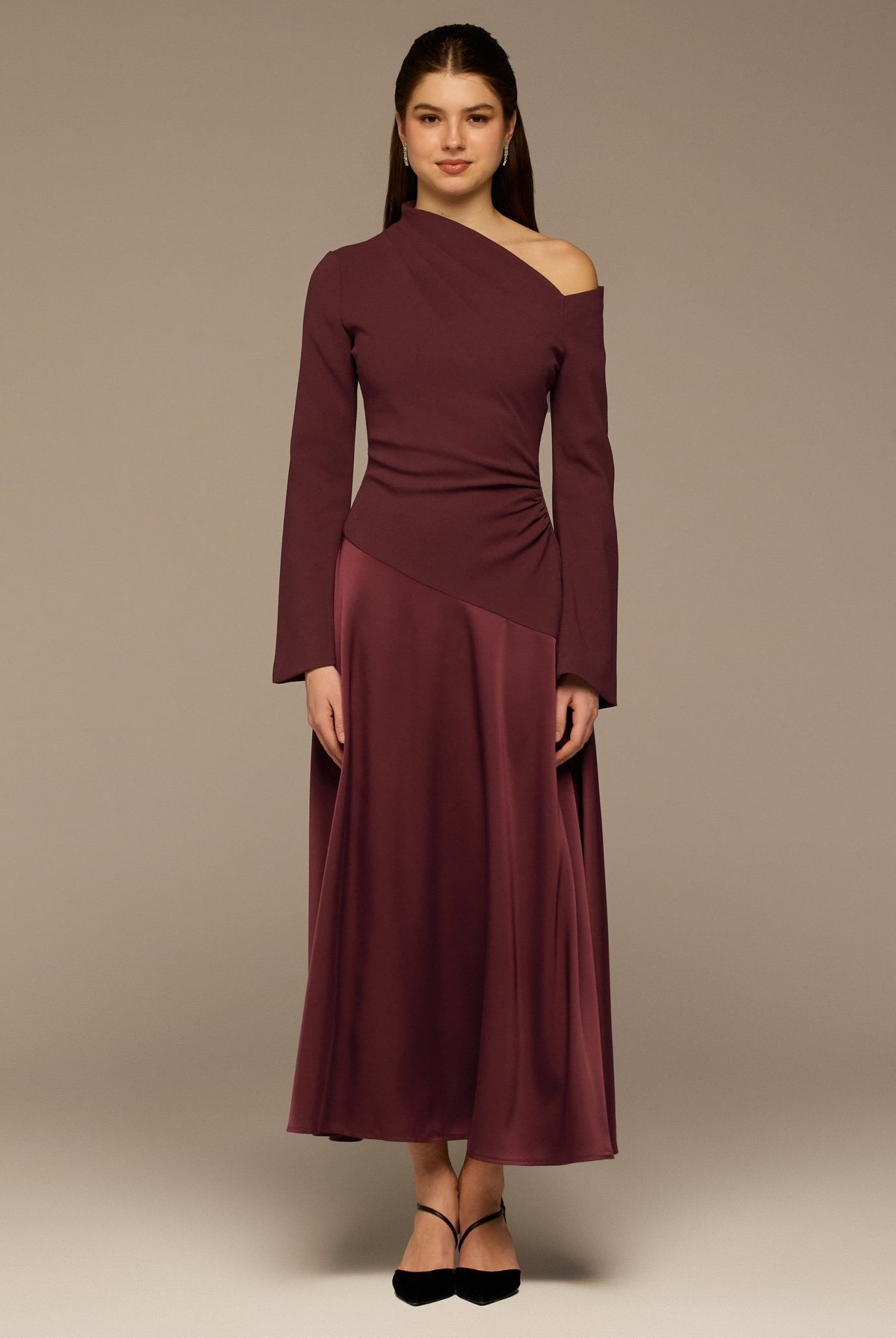 Plum Crepe & Satin One Shoulder Maxi Dress - shopaleena