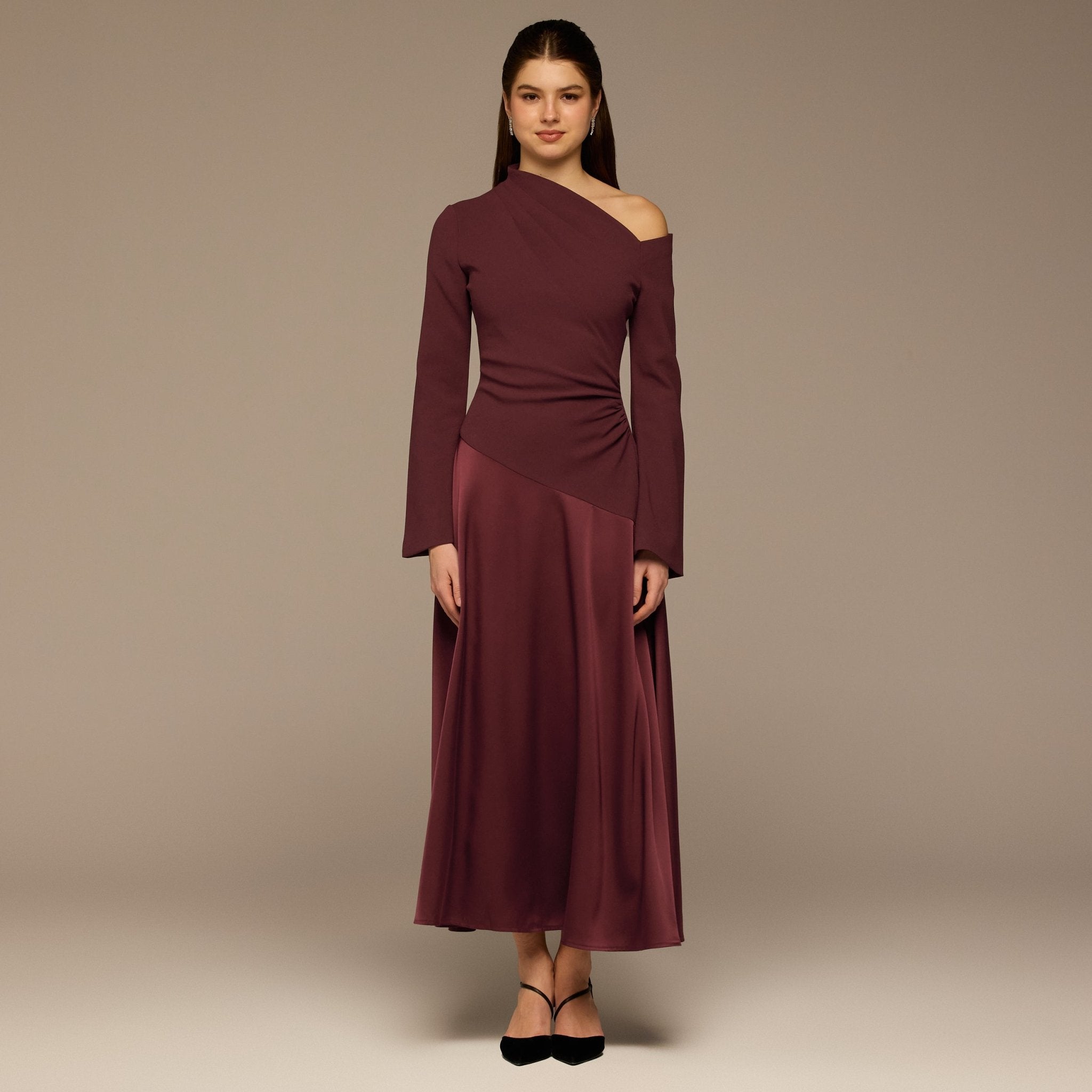 Plum Crepe & Satin One Shoulder Maxi Dress - shopaleena