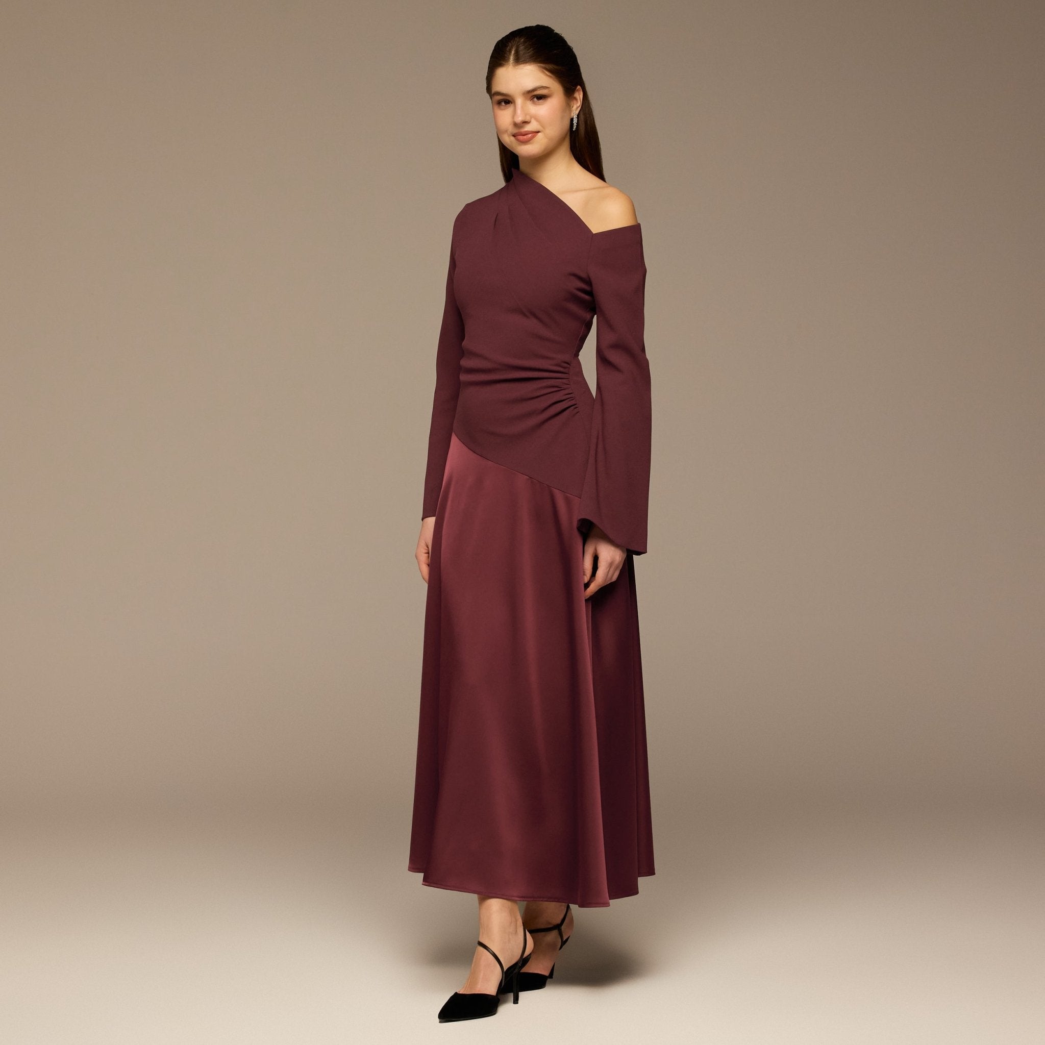 Plum Crepe & Satin One Shoulder Maxi Dress - shopaleena