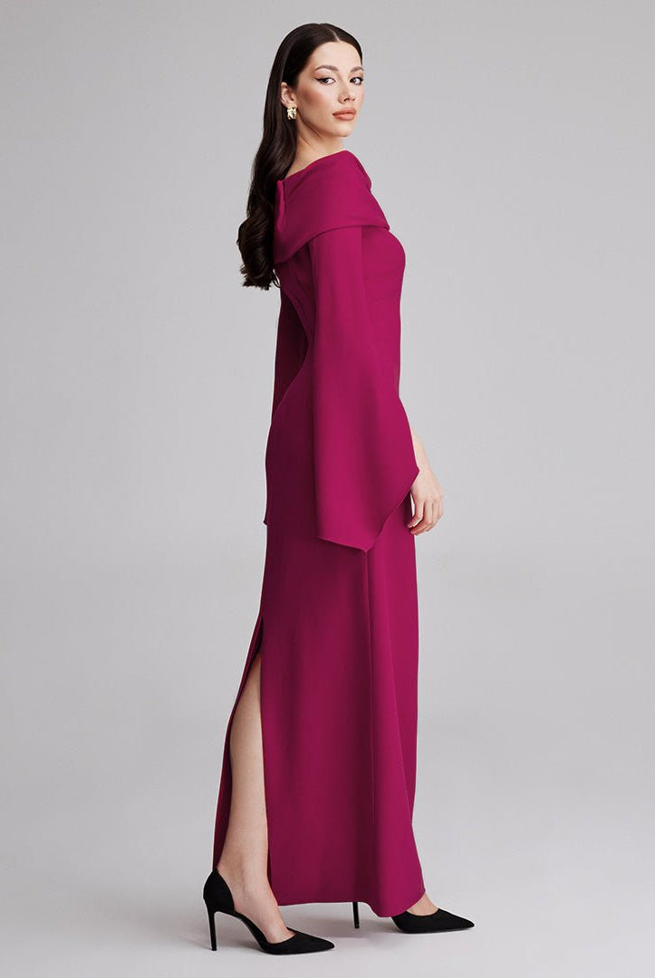 Plum Draped Off Shoulder Crepe Maxi Dress - shopaleena