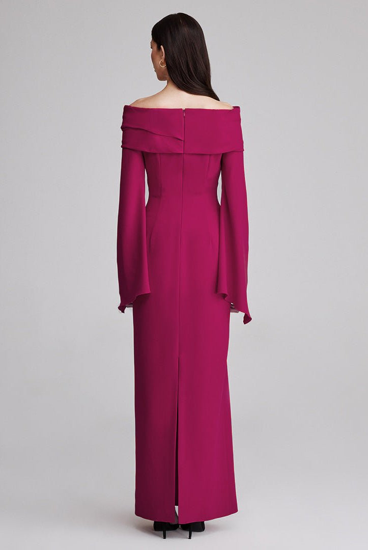 Plum Draped Off Shoulder Crepe Maxi Dress - shopaleena
