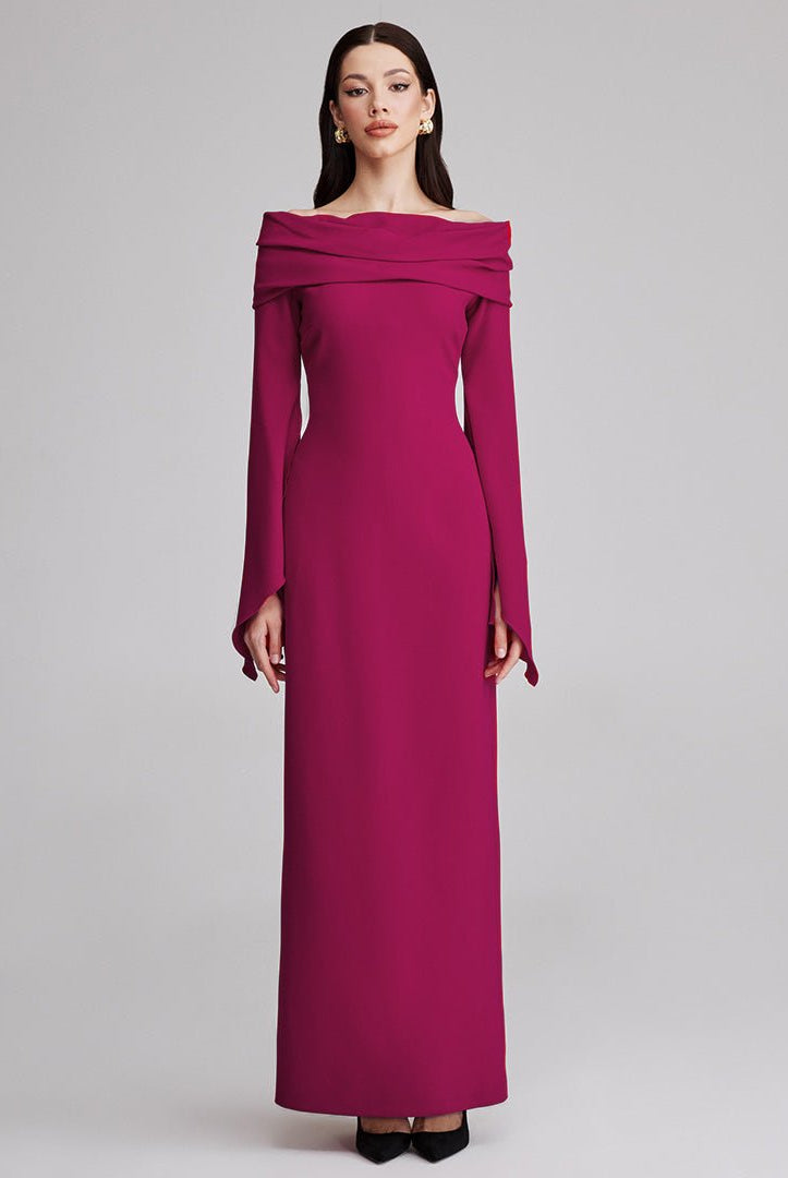 Plum Draped Off Shoulder Crepe Maxi Dress - shopaleena