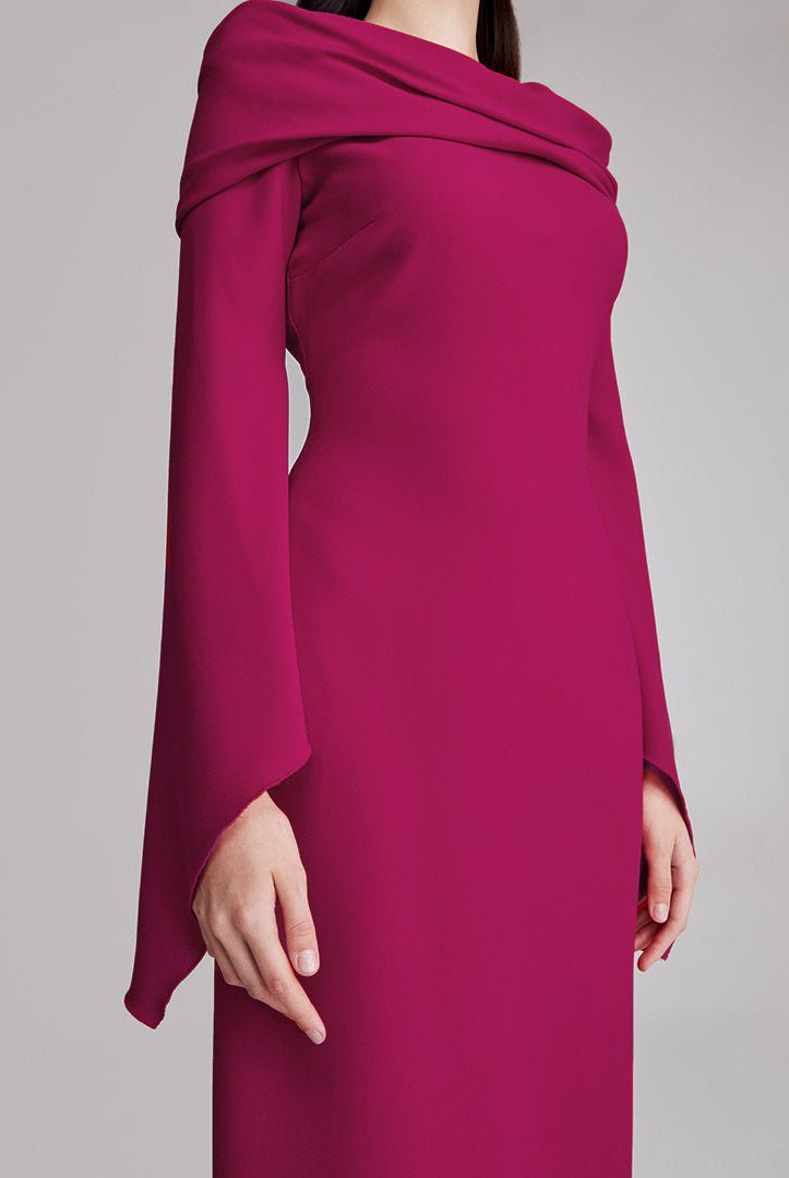 Plum Draped Off Shoulder Crepe Maxi Dress - shopaleena