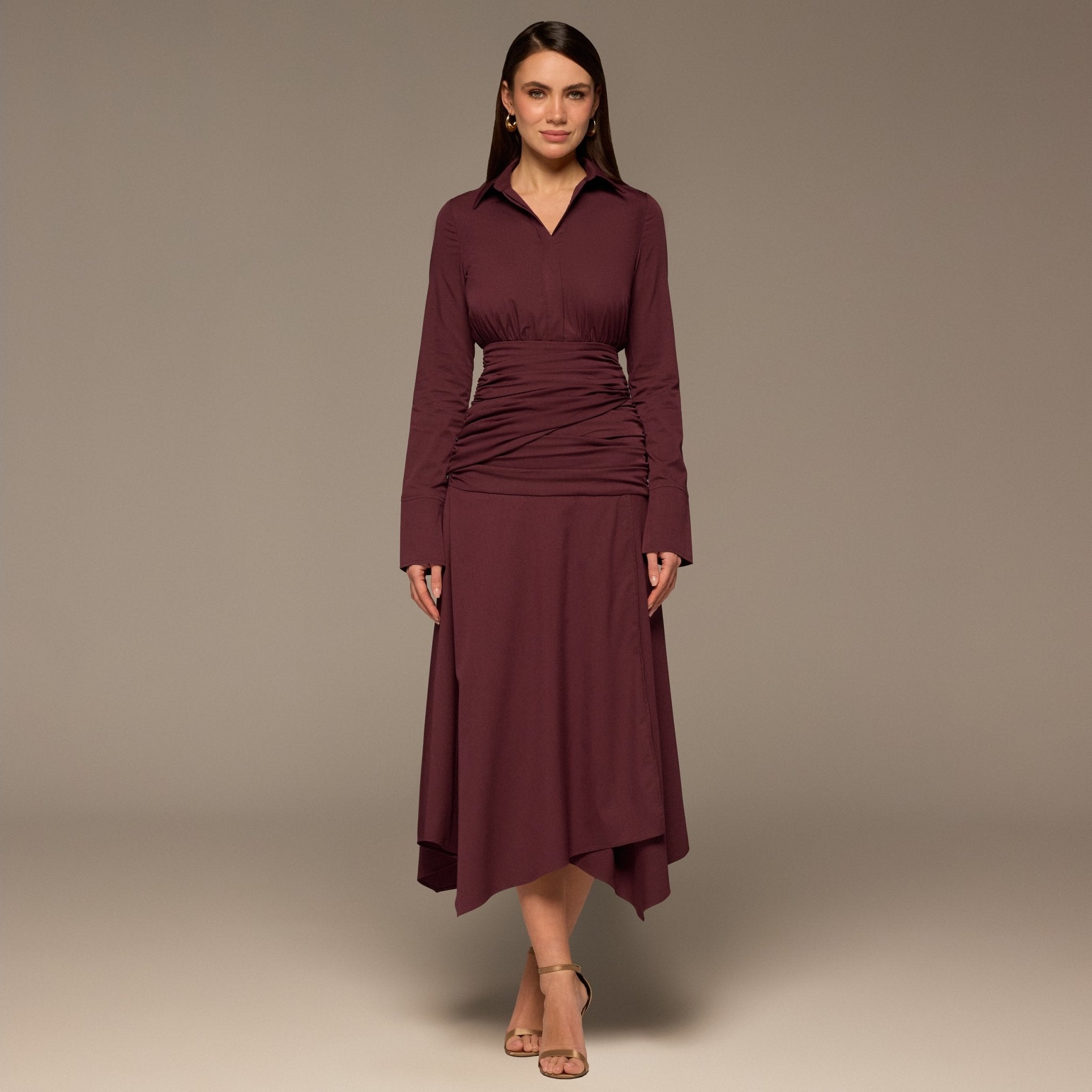 Plum Draped Waist Maxi Poplin Dress - shopaleena