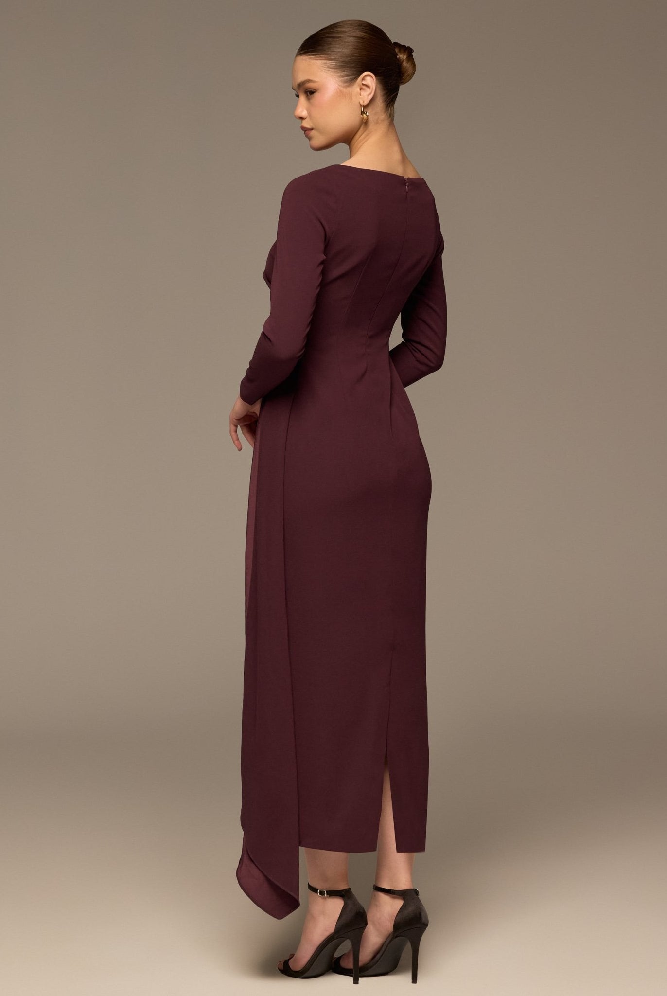 Plum Long Sleeve Draped Midi Dress - shopaleena