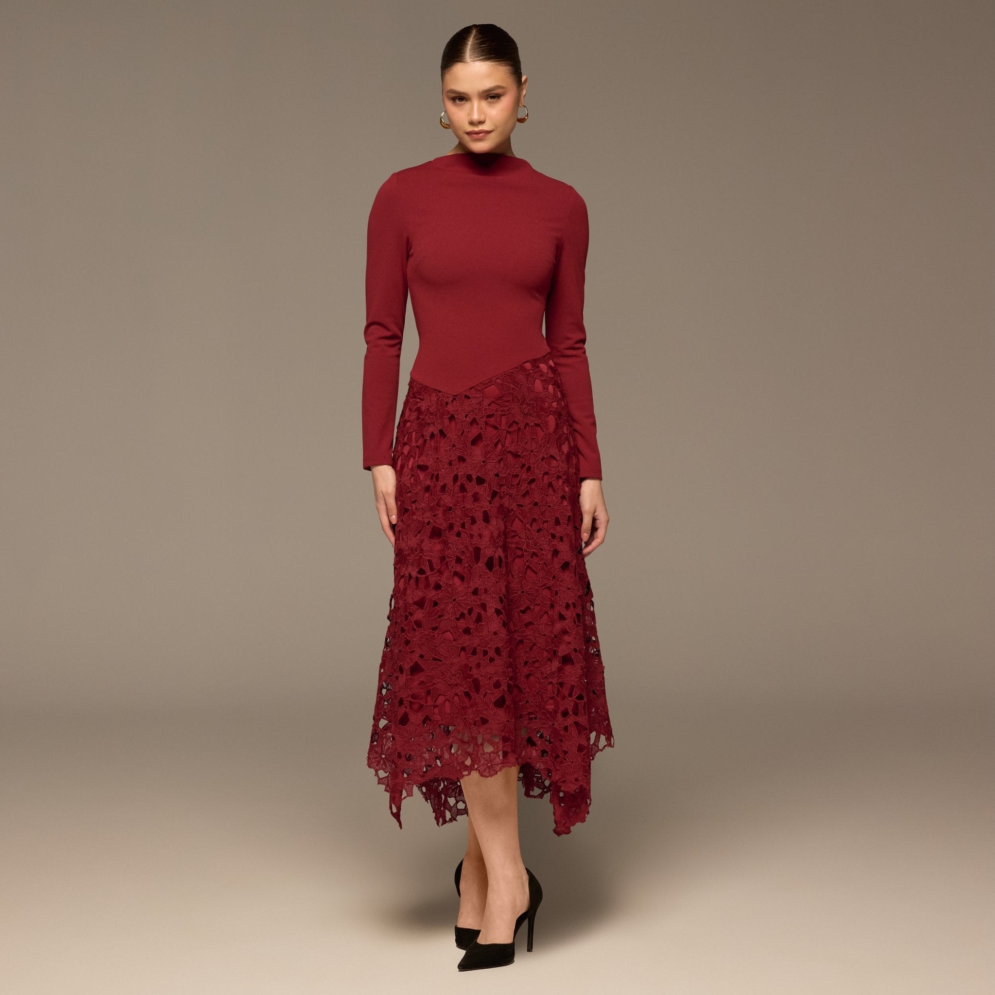 Plum Long Sleeve Lace - Overlay Crepe Dress - shopaleena
