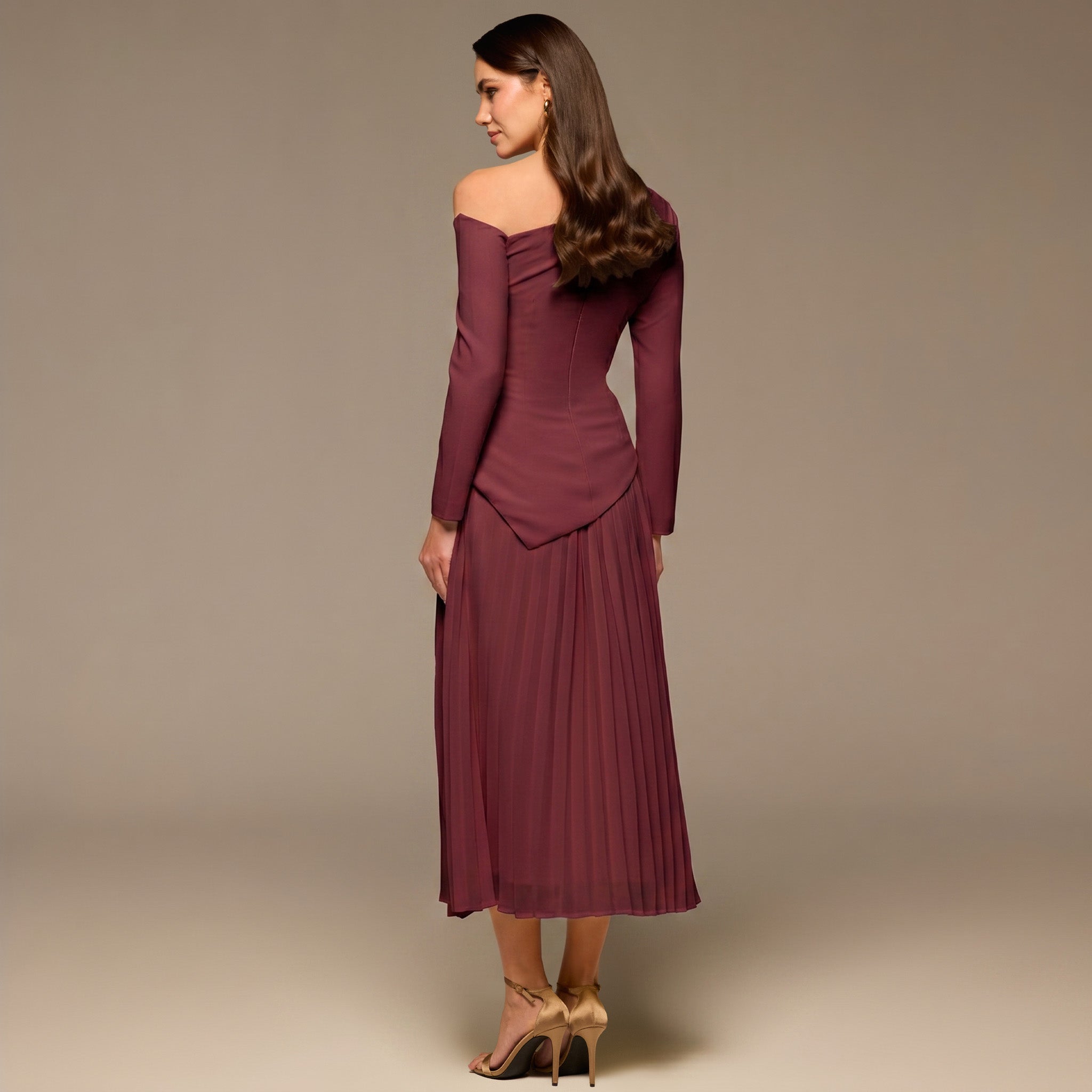 Plum One - shoulder Crepe Dress With Pleated Skirt - shopaleena