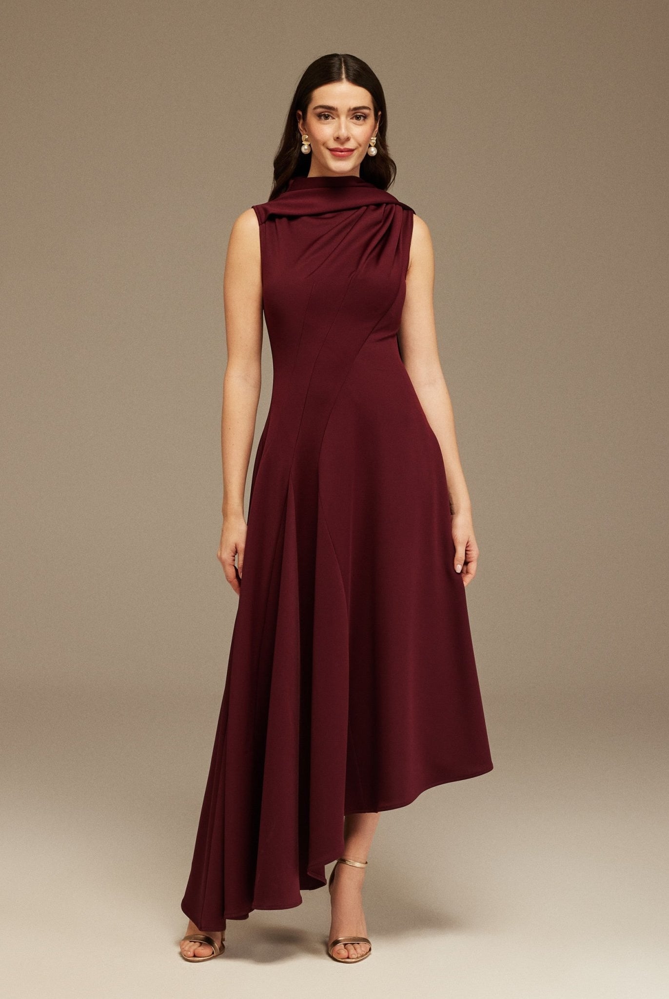 Plum Sleeveless Aline Midi Dress With Shoulder Scarf - shopaleena