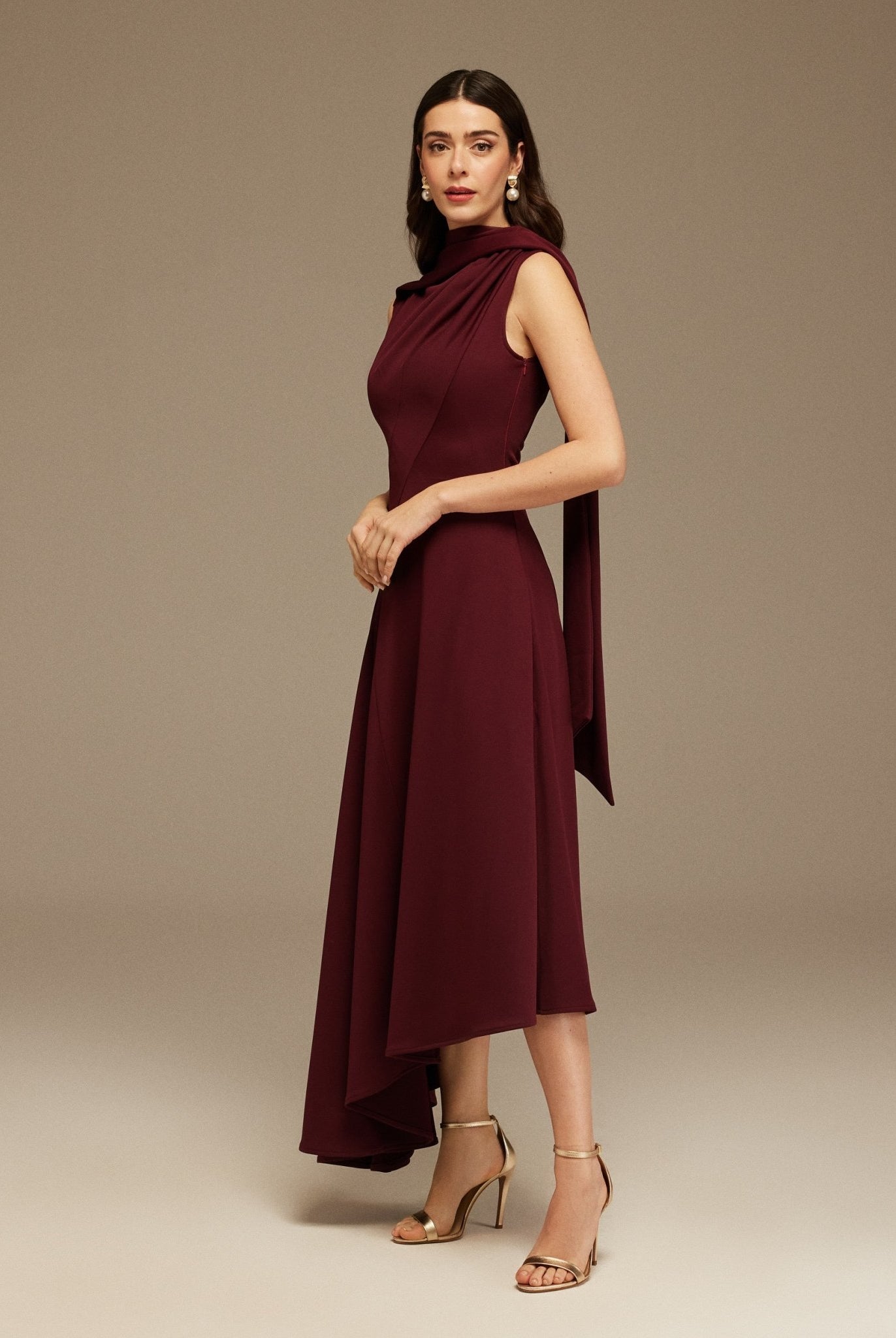 Plum Sleeveless Aline Midi Dress With Shoulder Scarf - shopaleena