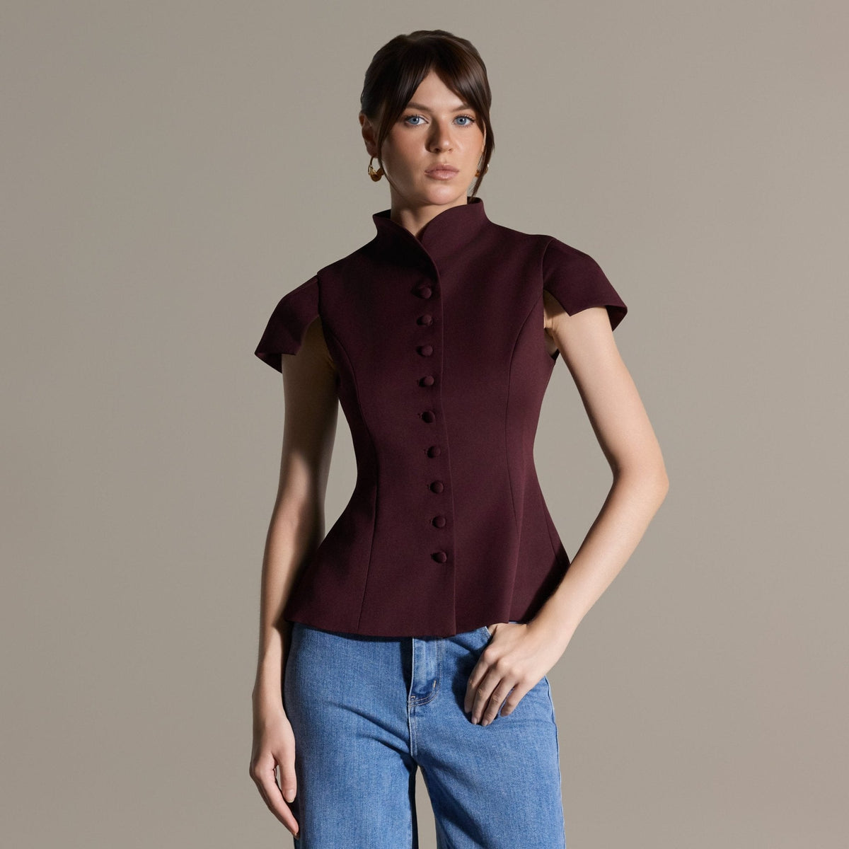 Plum Stand Collar Peplum Blouse - shopaleena
