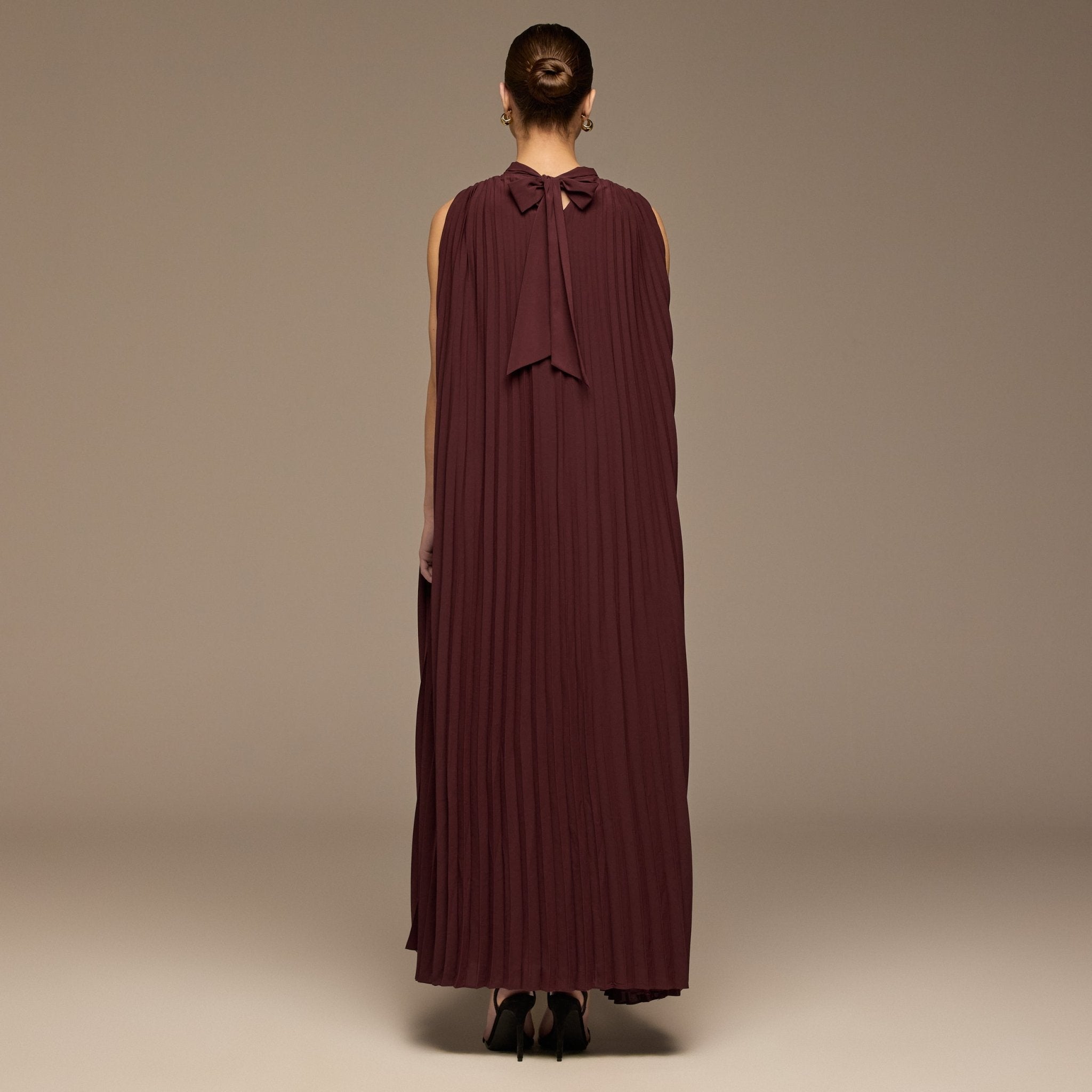 Plum V - Neck All Over Pleated Chiffon Maxi Dress - shopaleena