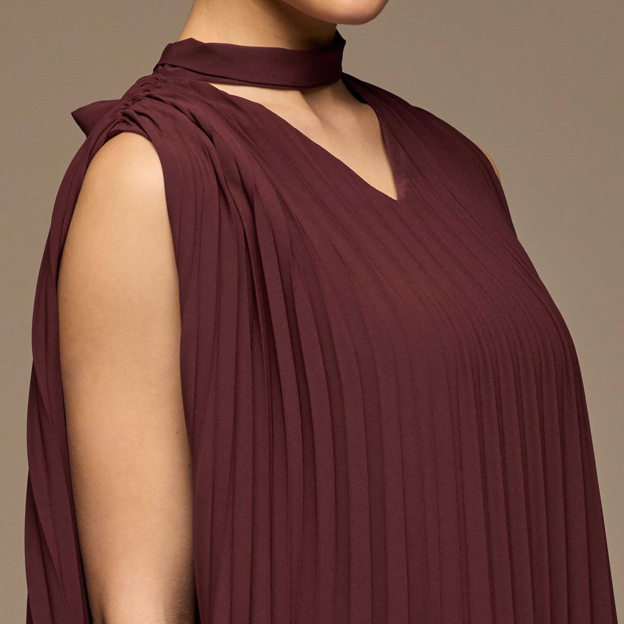 Plum V - Neck All Over Pleated Chiffon Maxi Dress - shopaleena