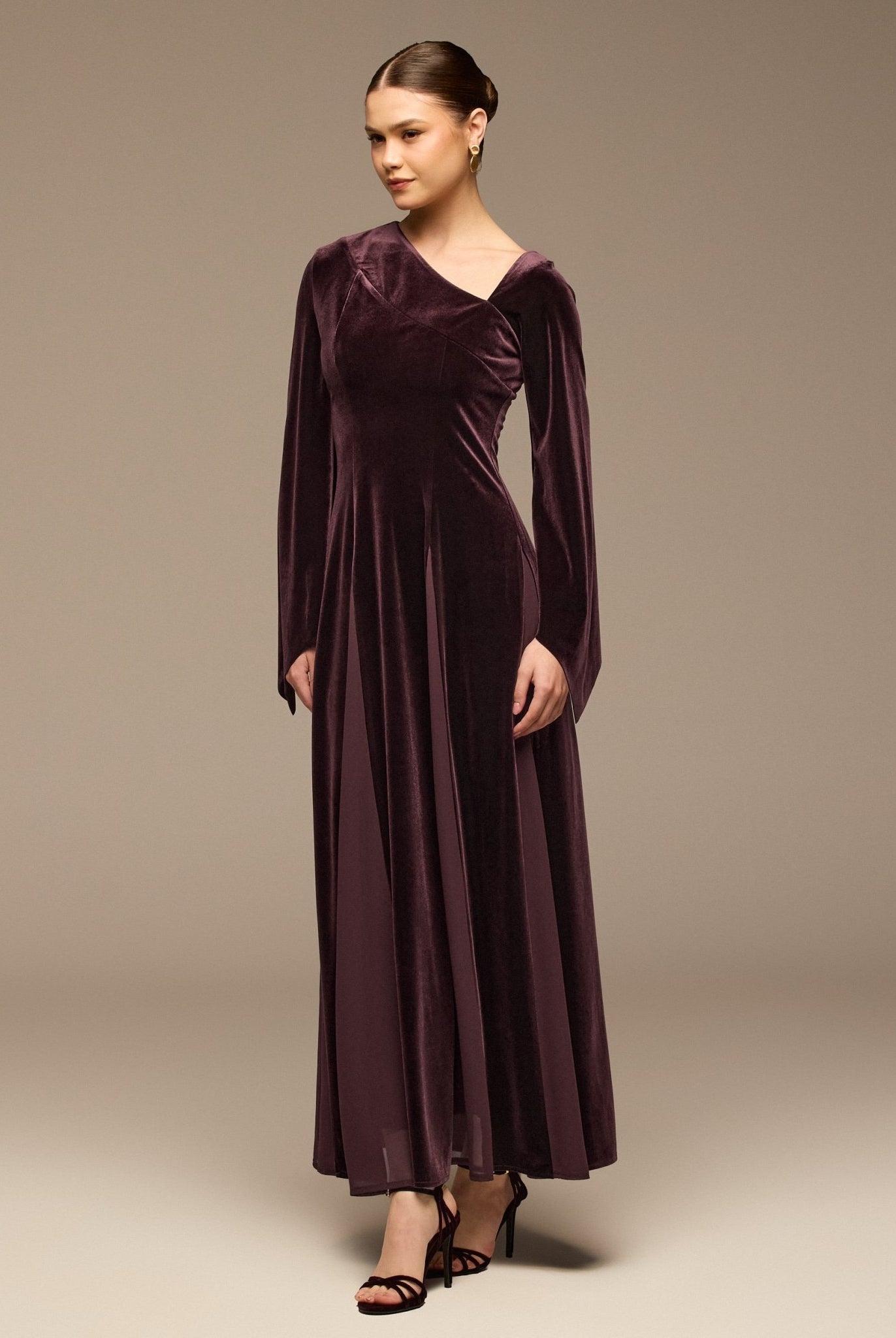 Plum Velvet Chiffon One - Shoulder Maxi Dress - shopaleena
