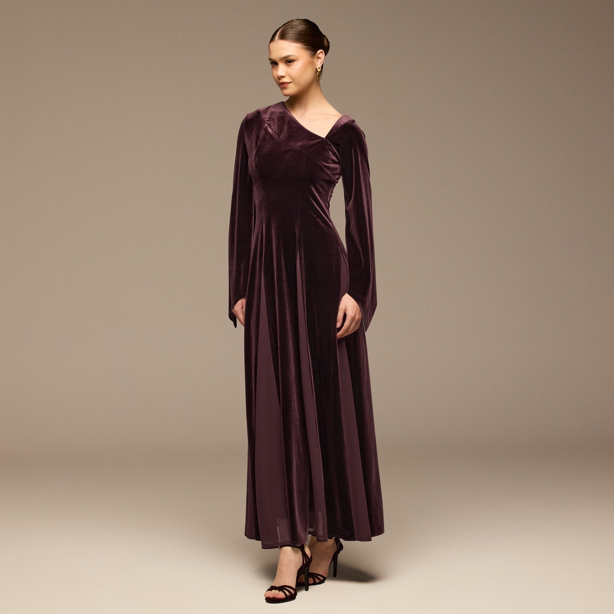 Plum Velvet Chiffon One - Shoulder Maxi Dress - shopaleena