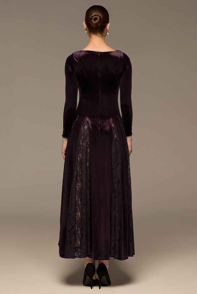 Plum Velvet Maxi Dress with Lace Godets - shopaleena
