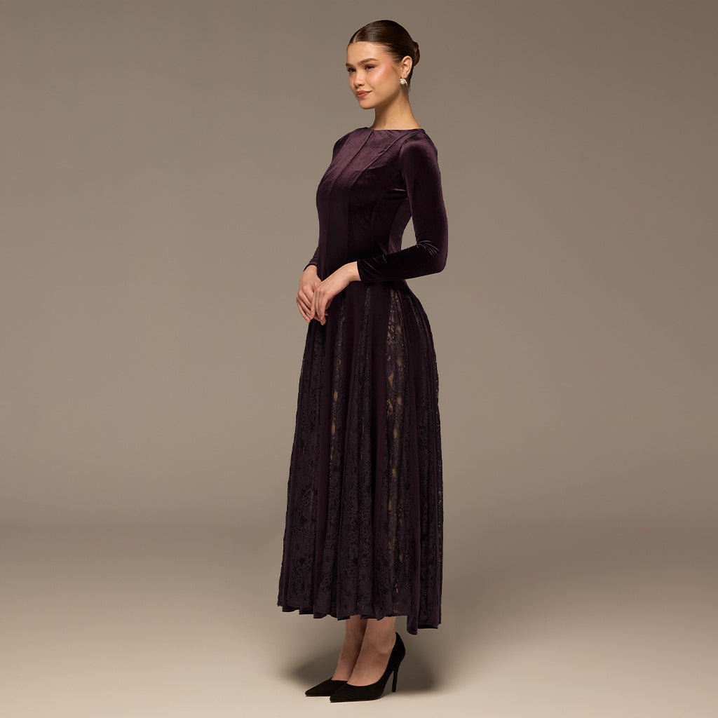 Plum Velvet Maxi Dress with Lace Godets - shopaleena