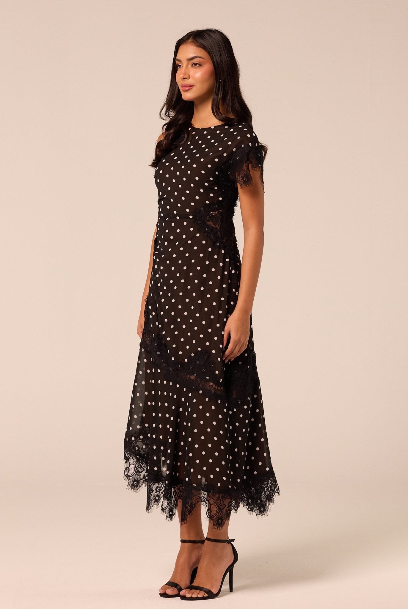 Polka Dot Chiffon Midi Dress with Lace Inserts - shopaleena
