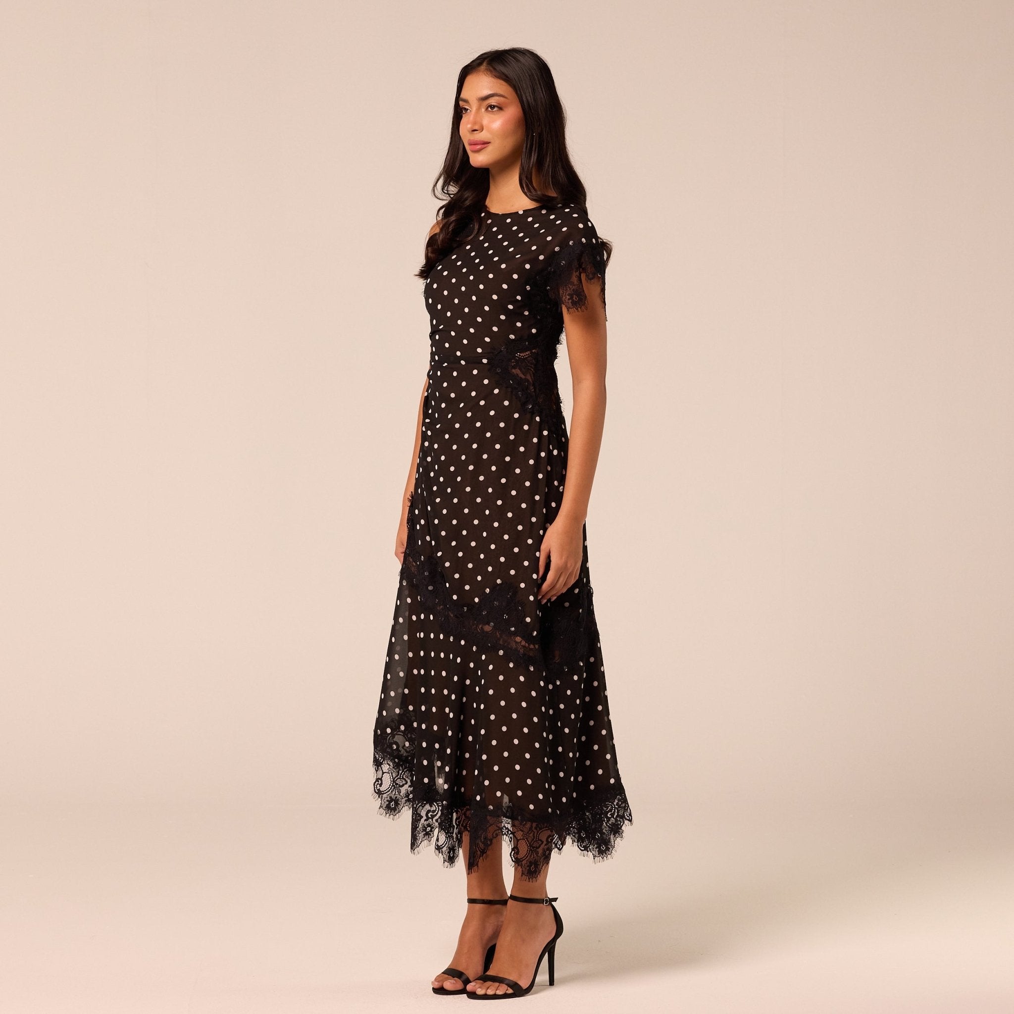 Polka Dot Chiffon Midi Dress with Lace Inserts - shopaleena