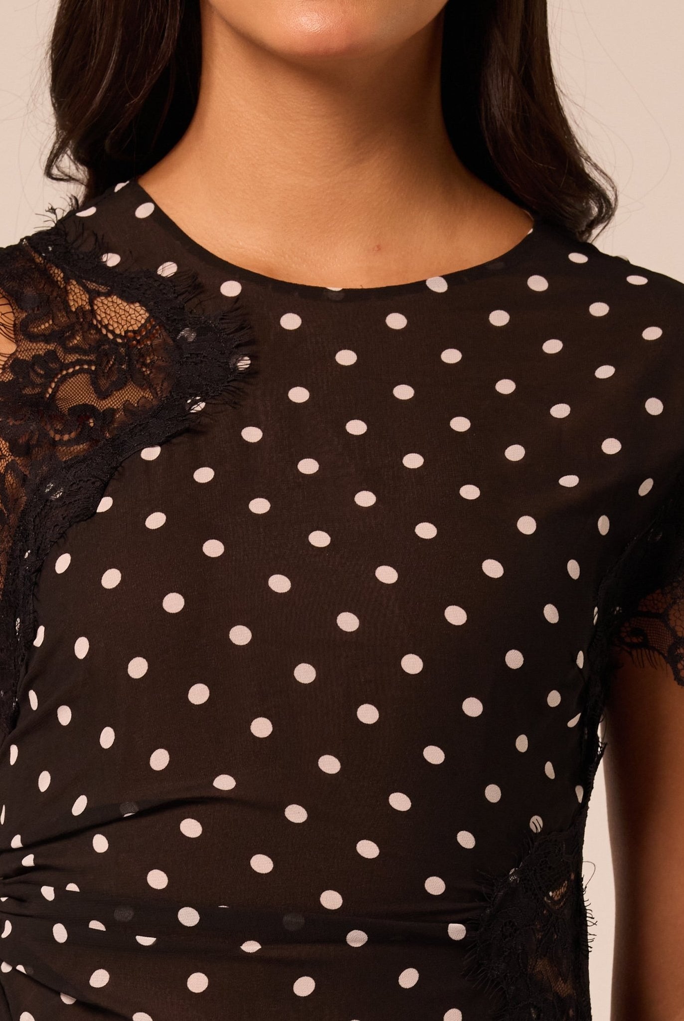 Polka Dot Chiffon Midi Dress with Lace Inserts - shopaleena